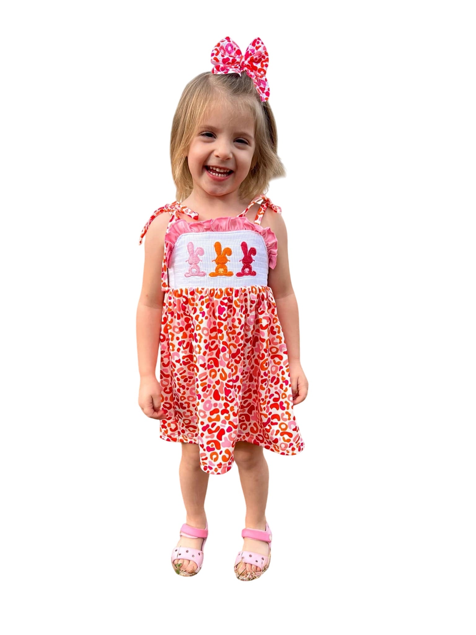 Smocked Orange And Pink Leopard Bunny Dress