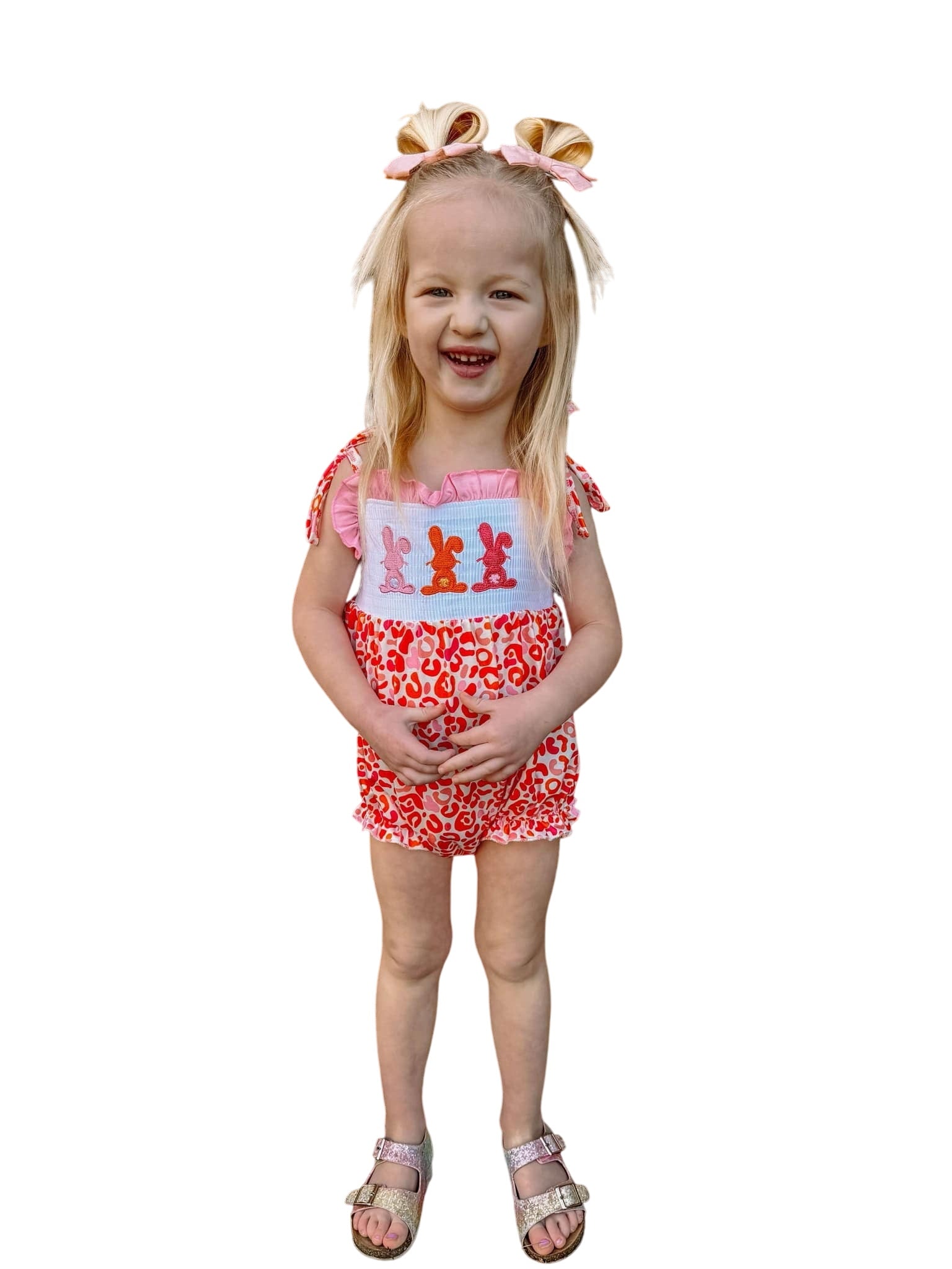 Smocked Orange And Pink Leopard Bunny Tie Romper
