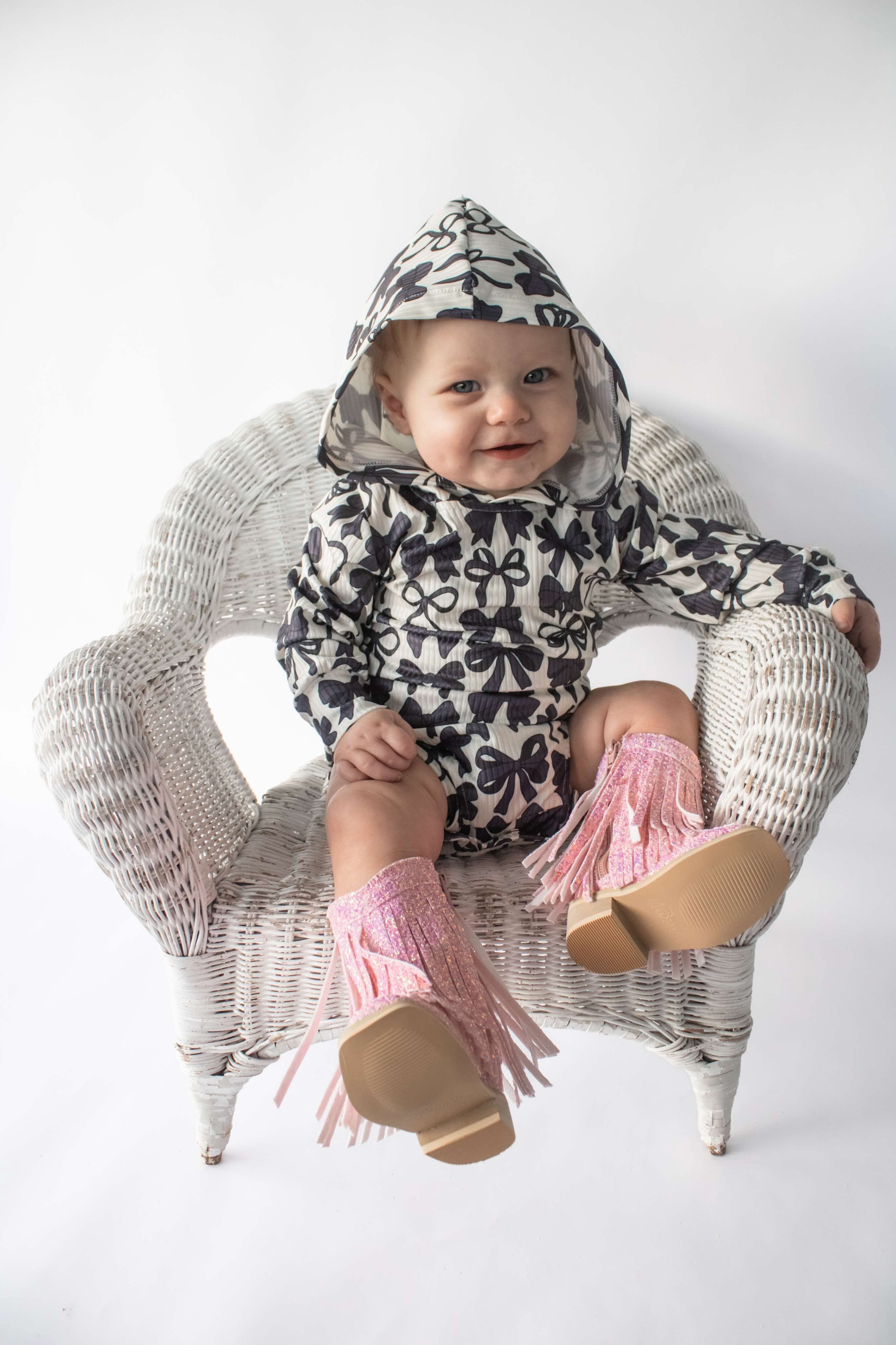 Black Coquette Ribbed Hooded Romper