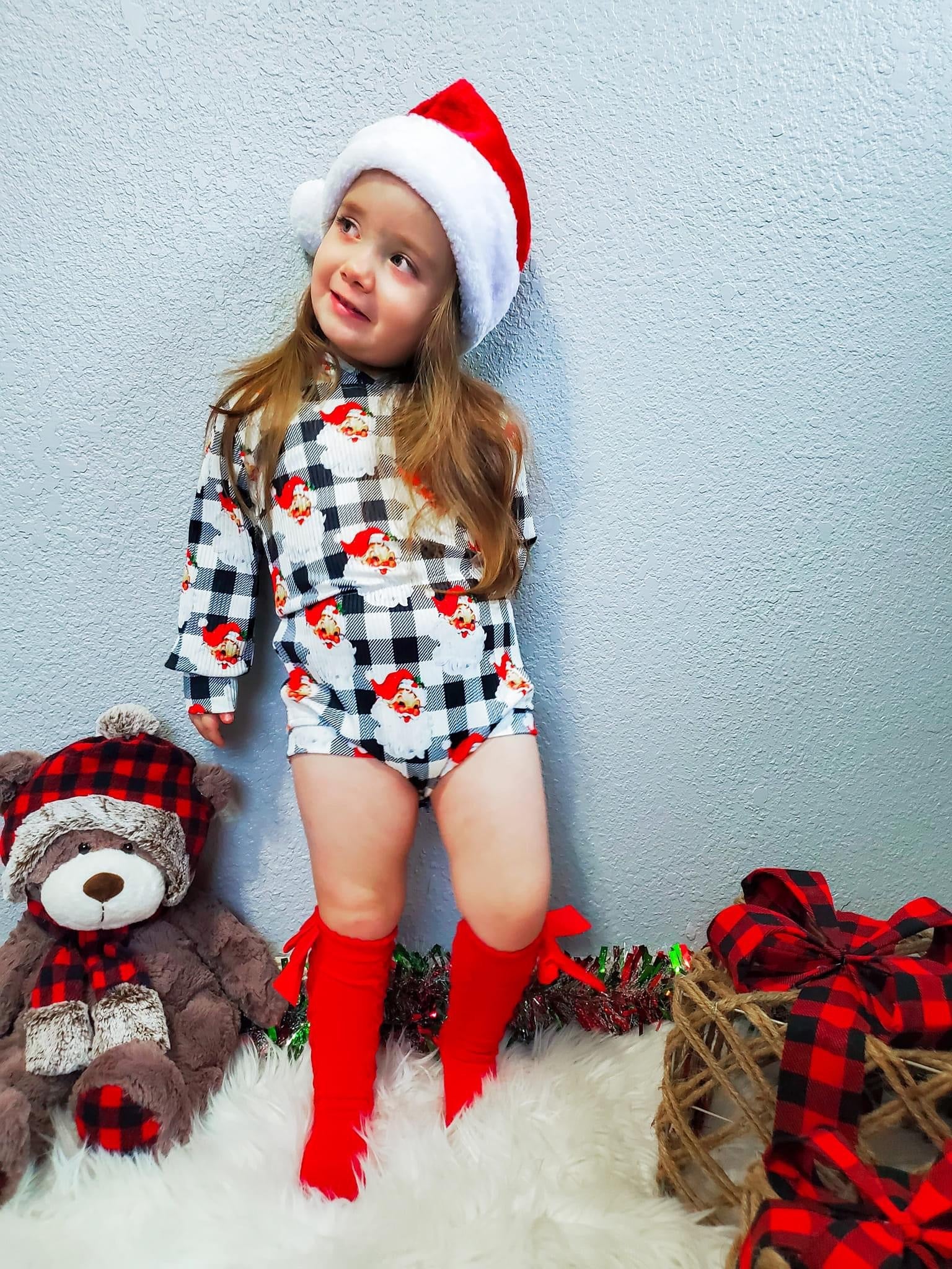 Checkered Santa Ribbed Hooded Romper