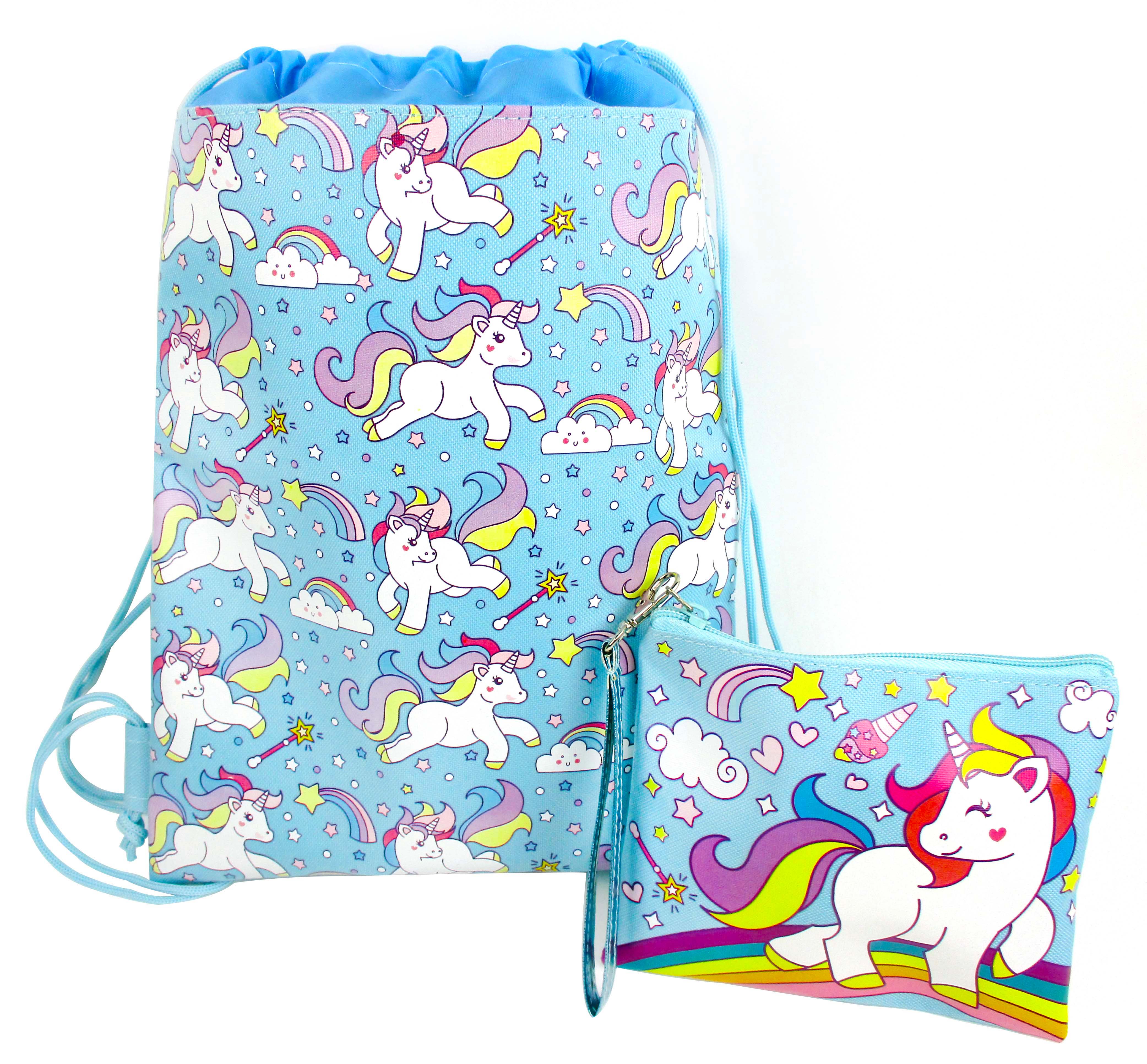 Unicorn Drawstring Backpack With Wristlet 2 Piece Set Travel Gym Cheer (blue)