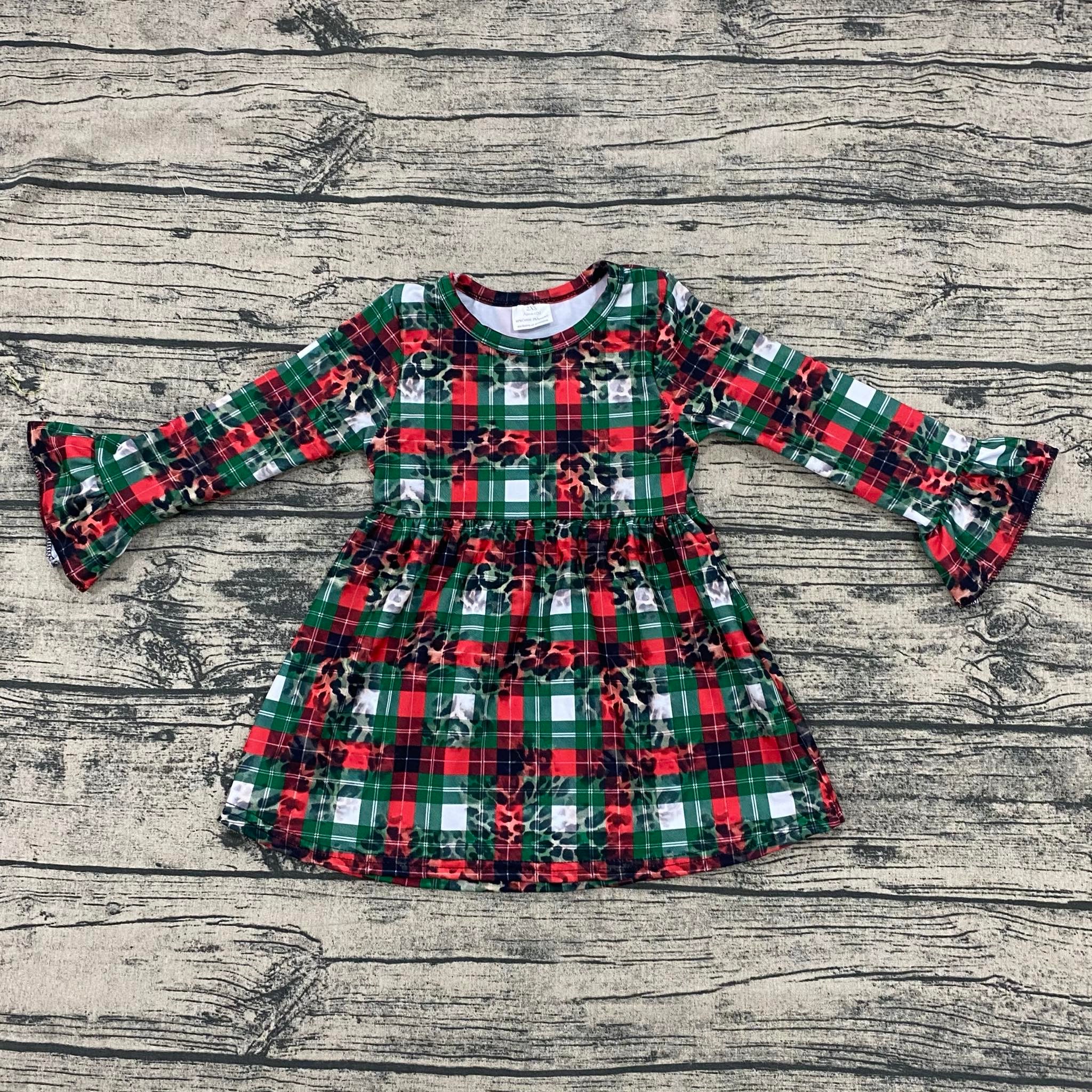 Leopard Plaid Bell Sleeve Dress