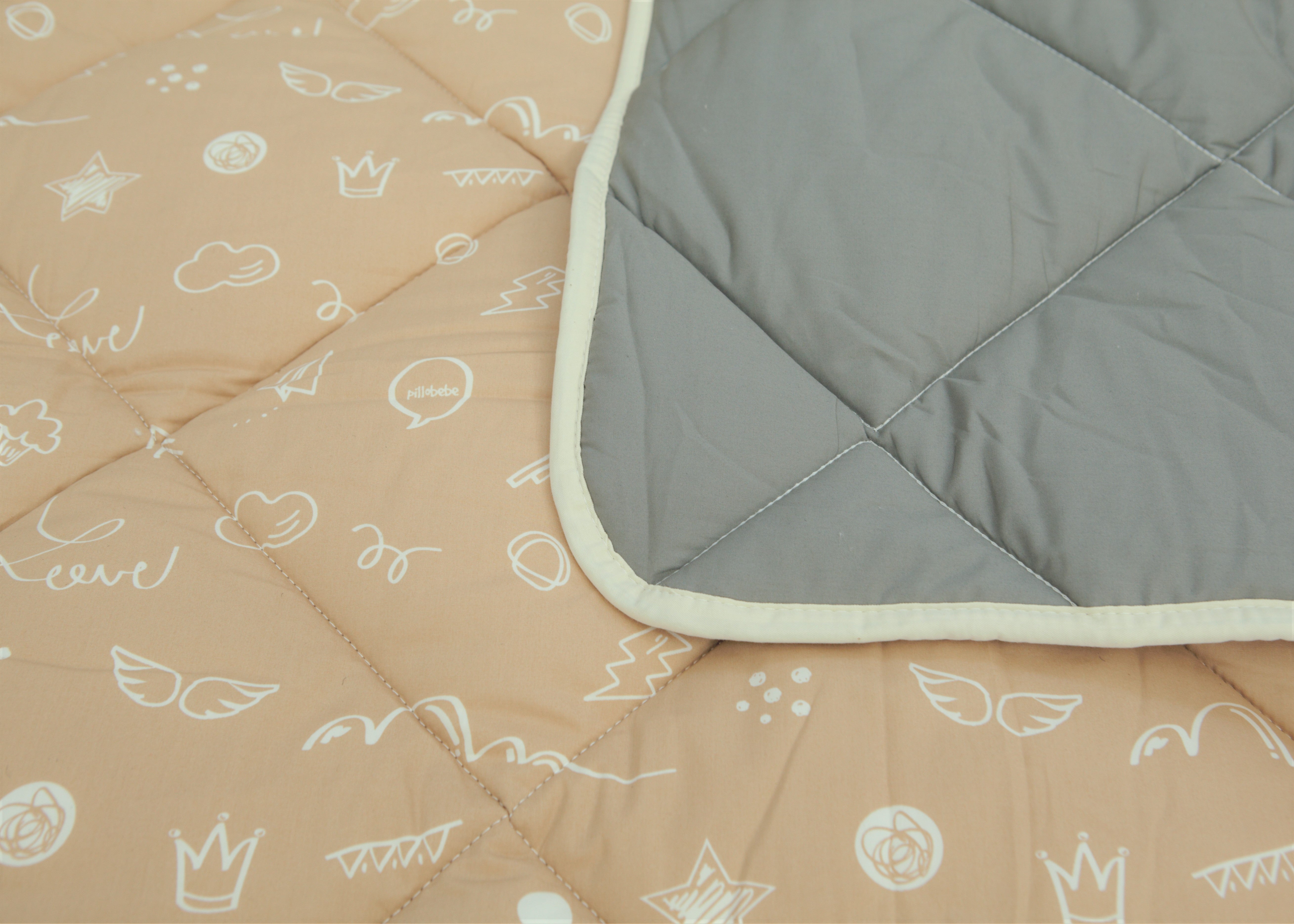 Organic Cotton Play Mat/quilted Blanket - Solid Gray/love Hazelnut Reversible