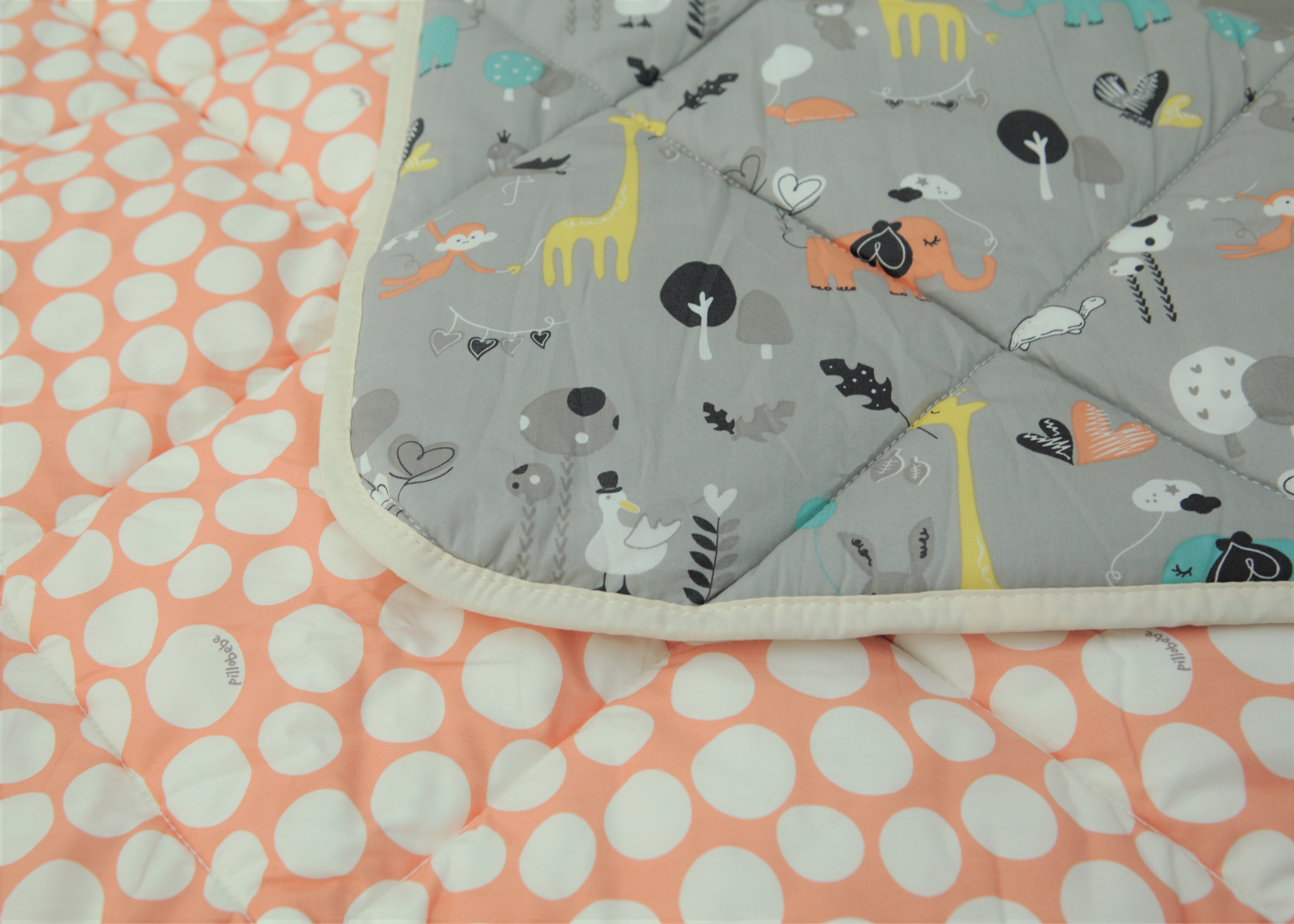 Organic Cotton Play Mat/quilted Blanket - Safari Dream/pink Pebbles Reversible