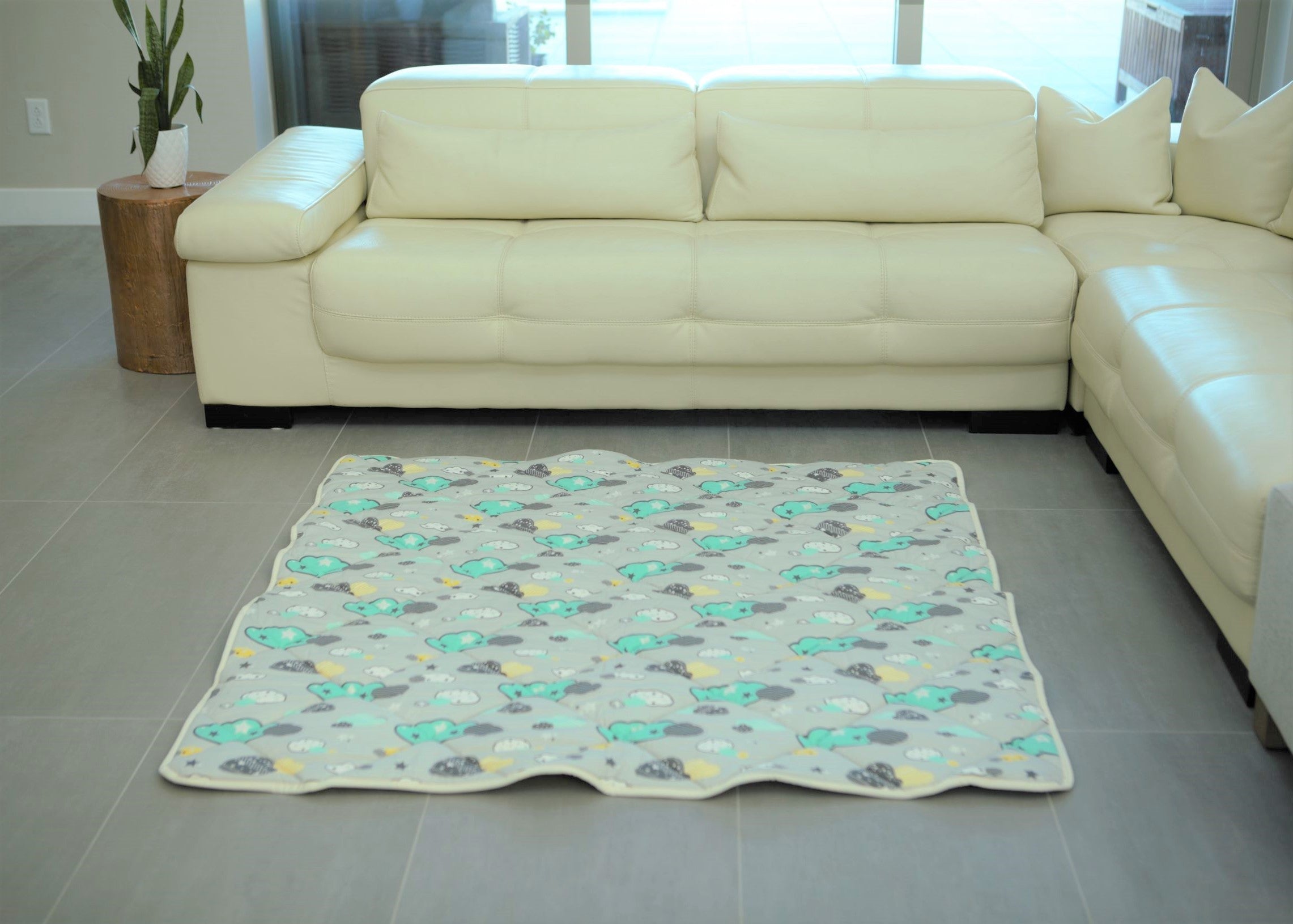 Organic Cotton Play Mat/quilted Blanket - Dreamy Sky/love Gray Reversible