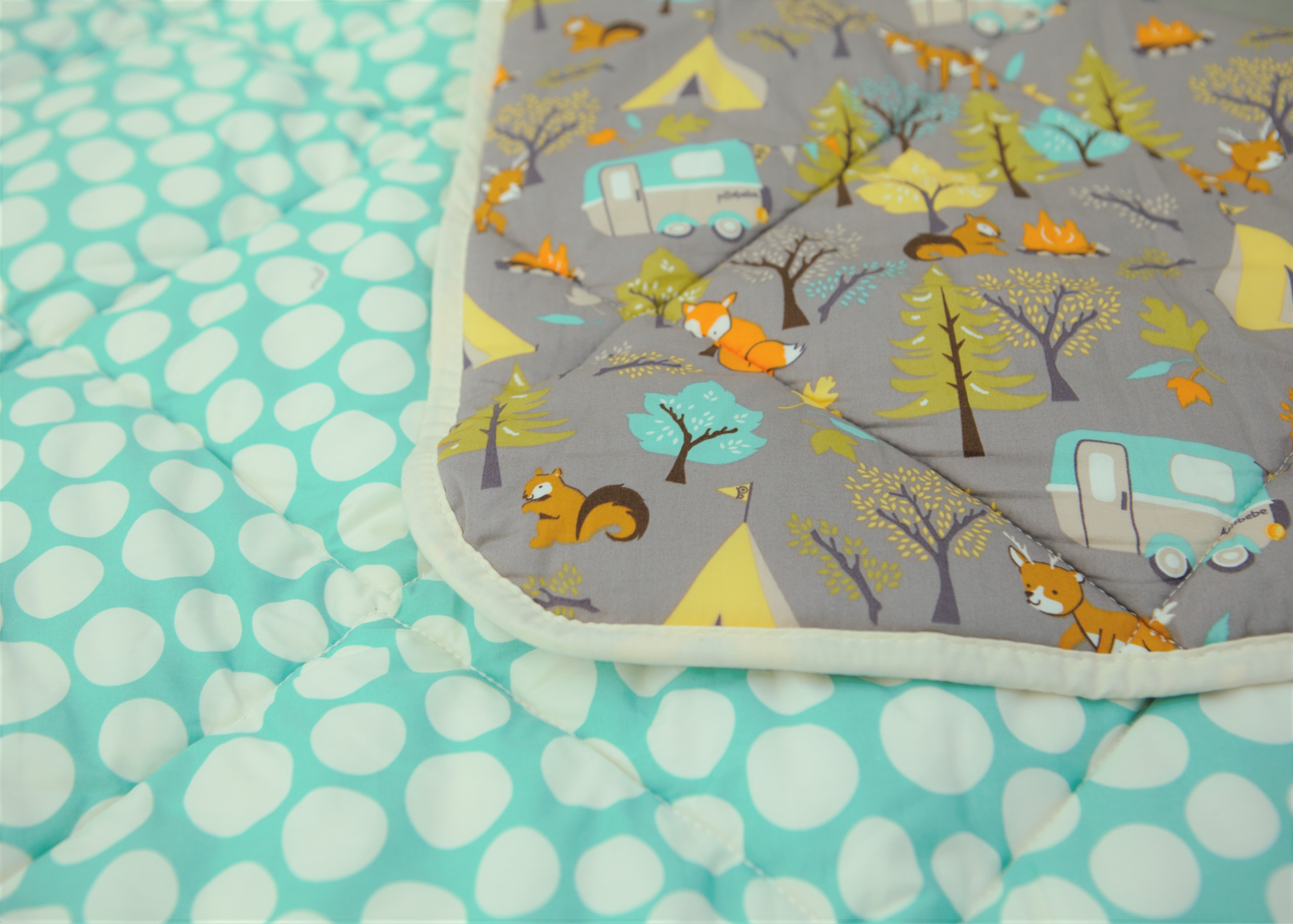 Organic Cotton Play Mat/quilted Blanket - Forest Friends/mint Pebbles Reversible