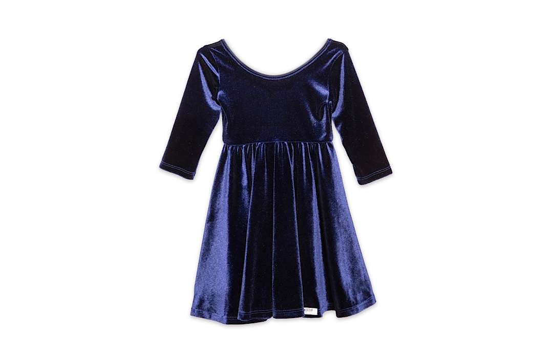 Navy Stretch Velvet Long Sleeve Twirly Dress
