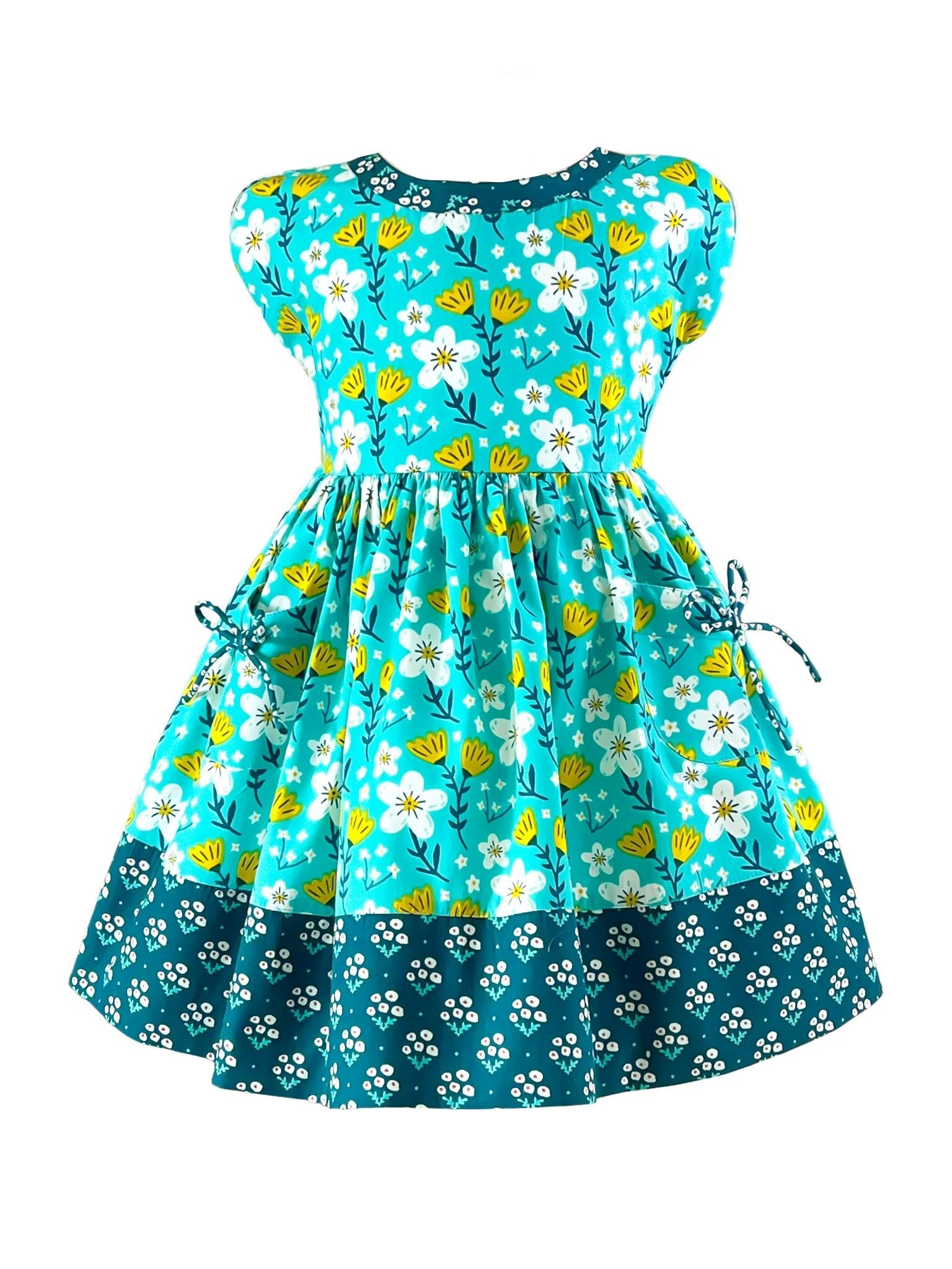 Vintage Teal Garden Picnic Dress W/ Hairbow
