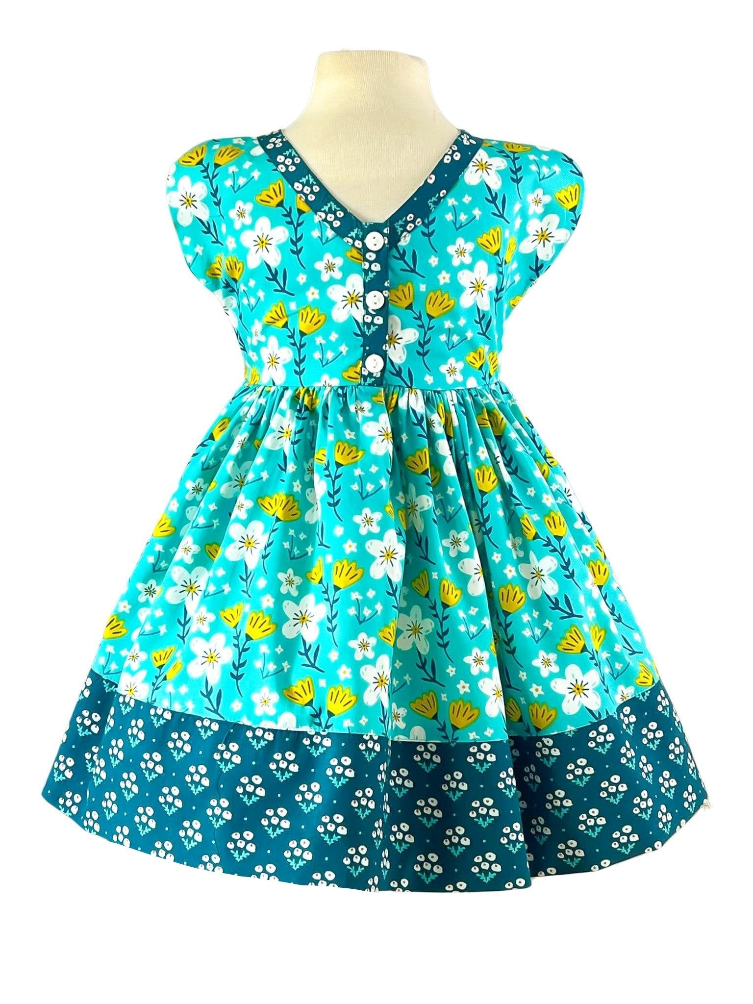 Vintage Teal Garden Picnic Dress W/ Hairbow