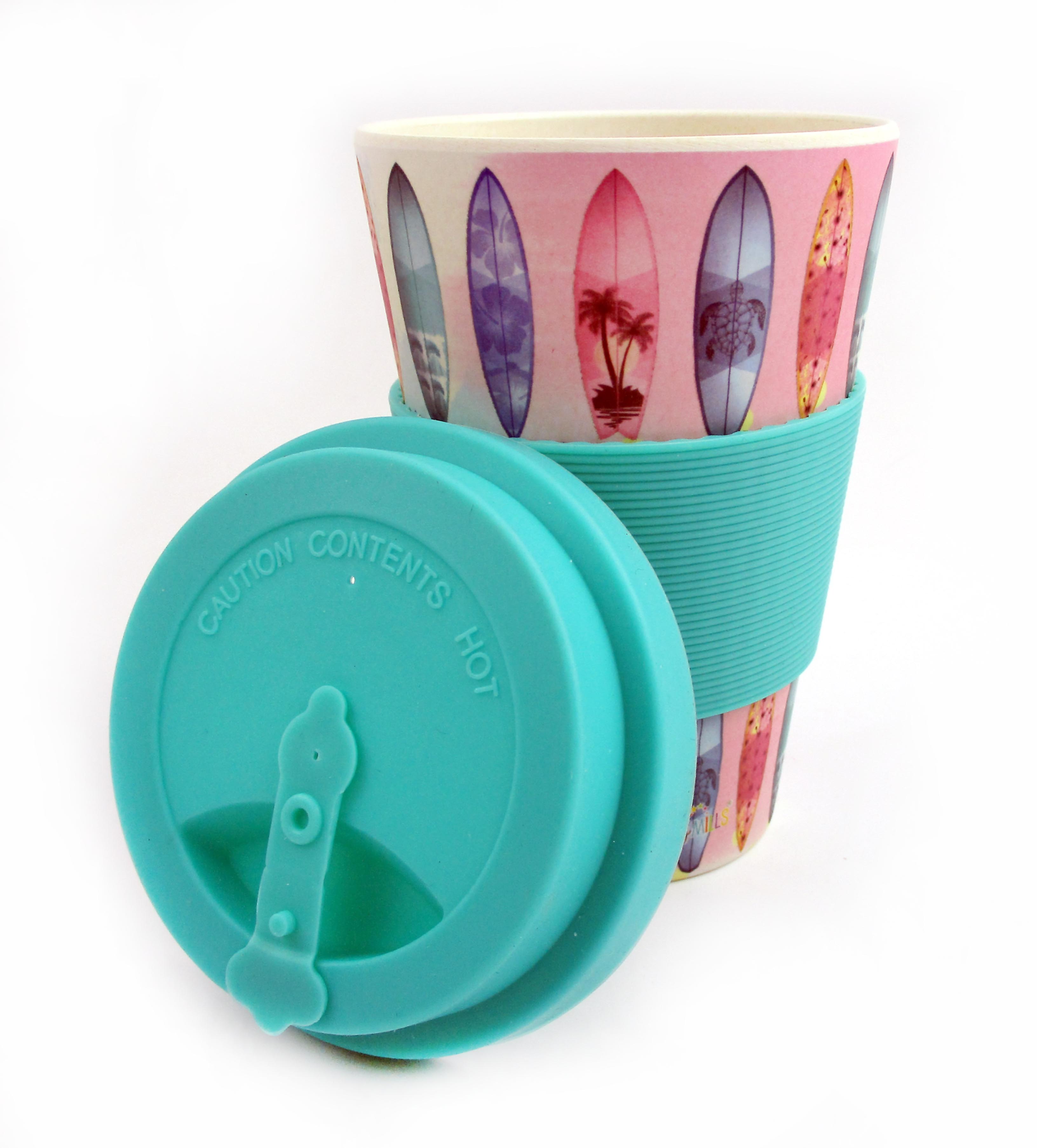 Eco-friendly Reusable Plant Fiber Travel Mug With Sunset Surfboard Design