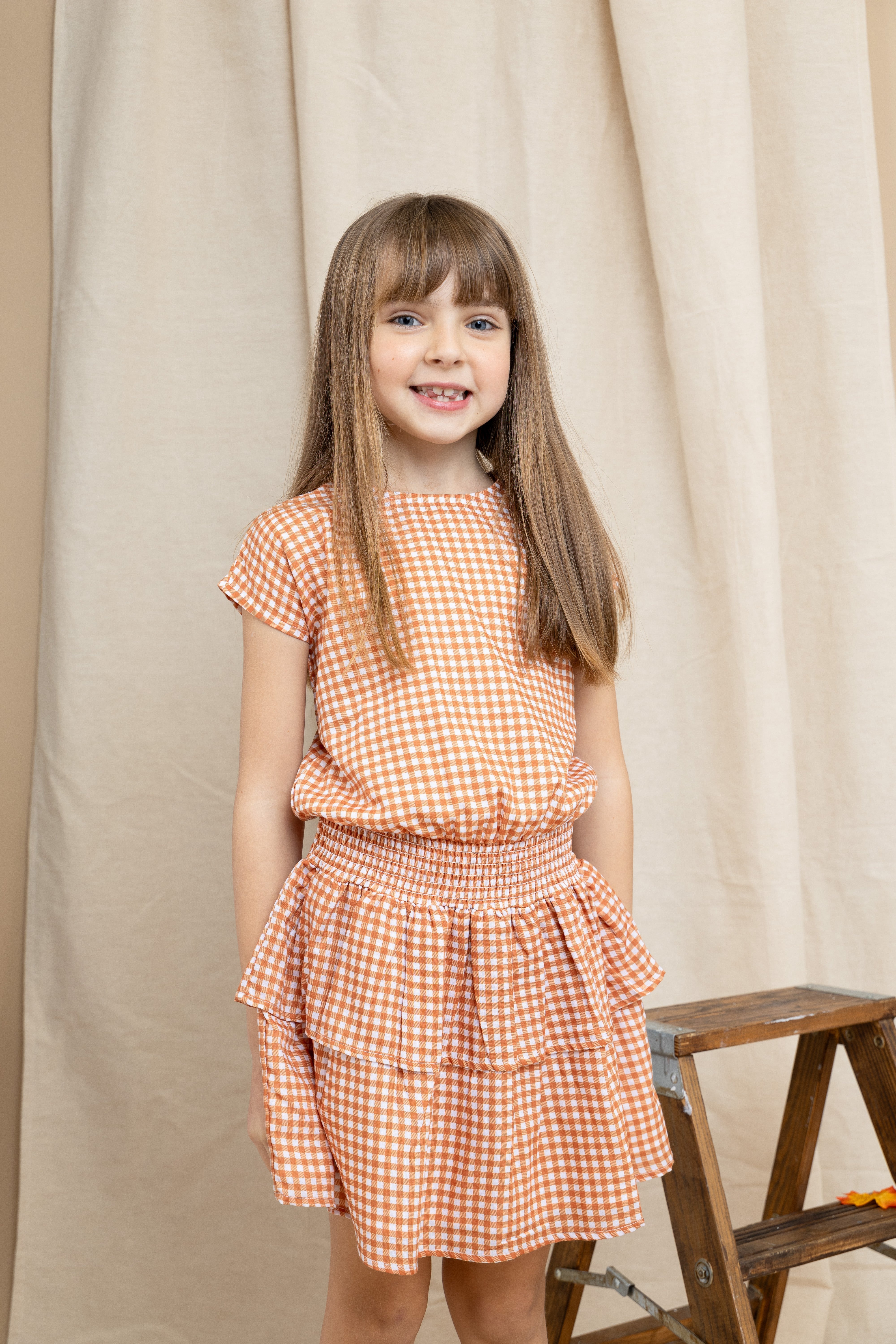 Orange Gingham Tween Smock Waist Dress