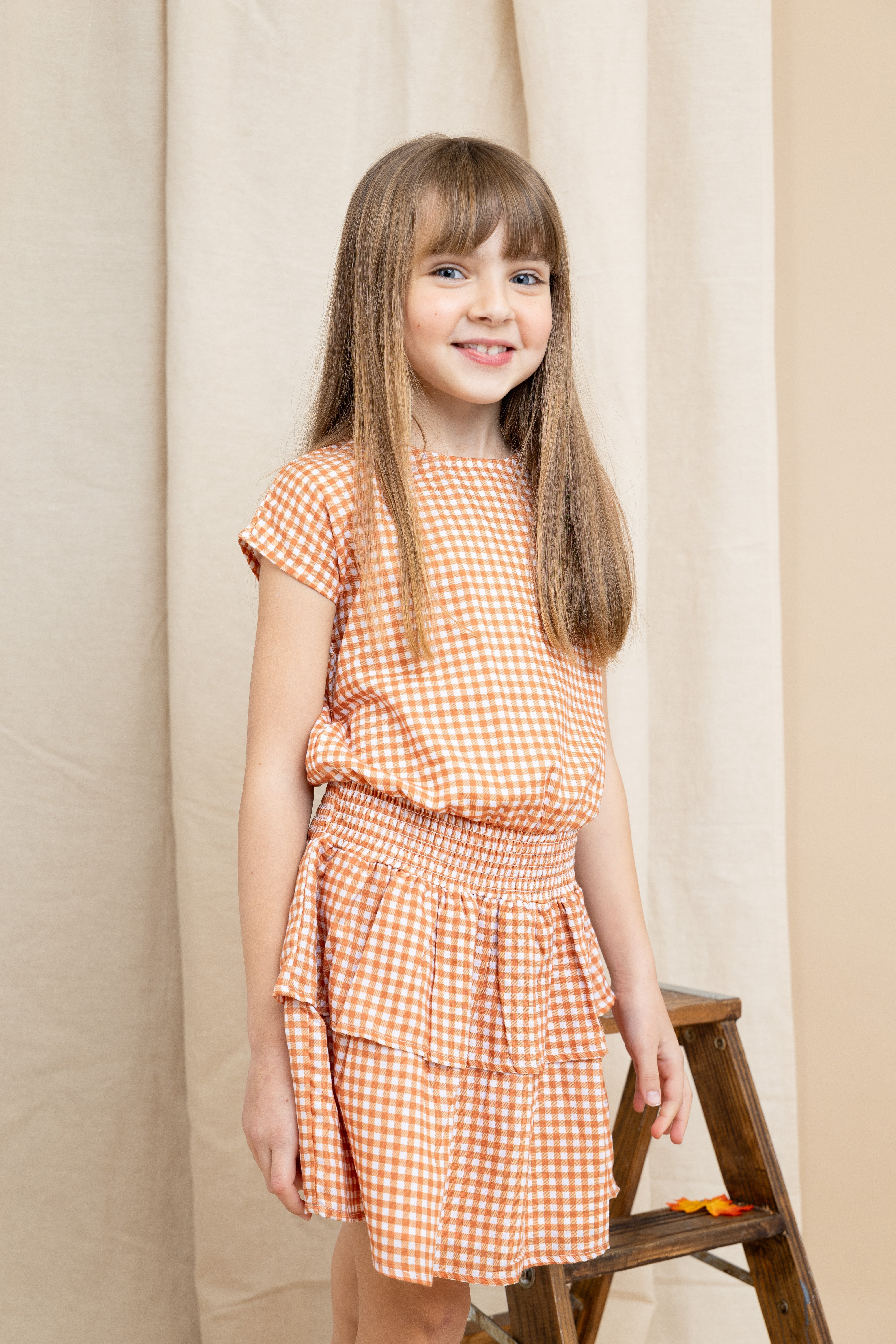 Orange Gingham Tween Smock Waist Dress