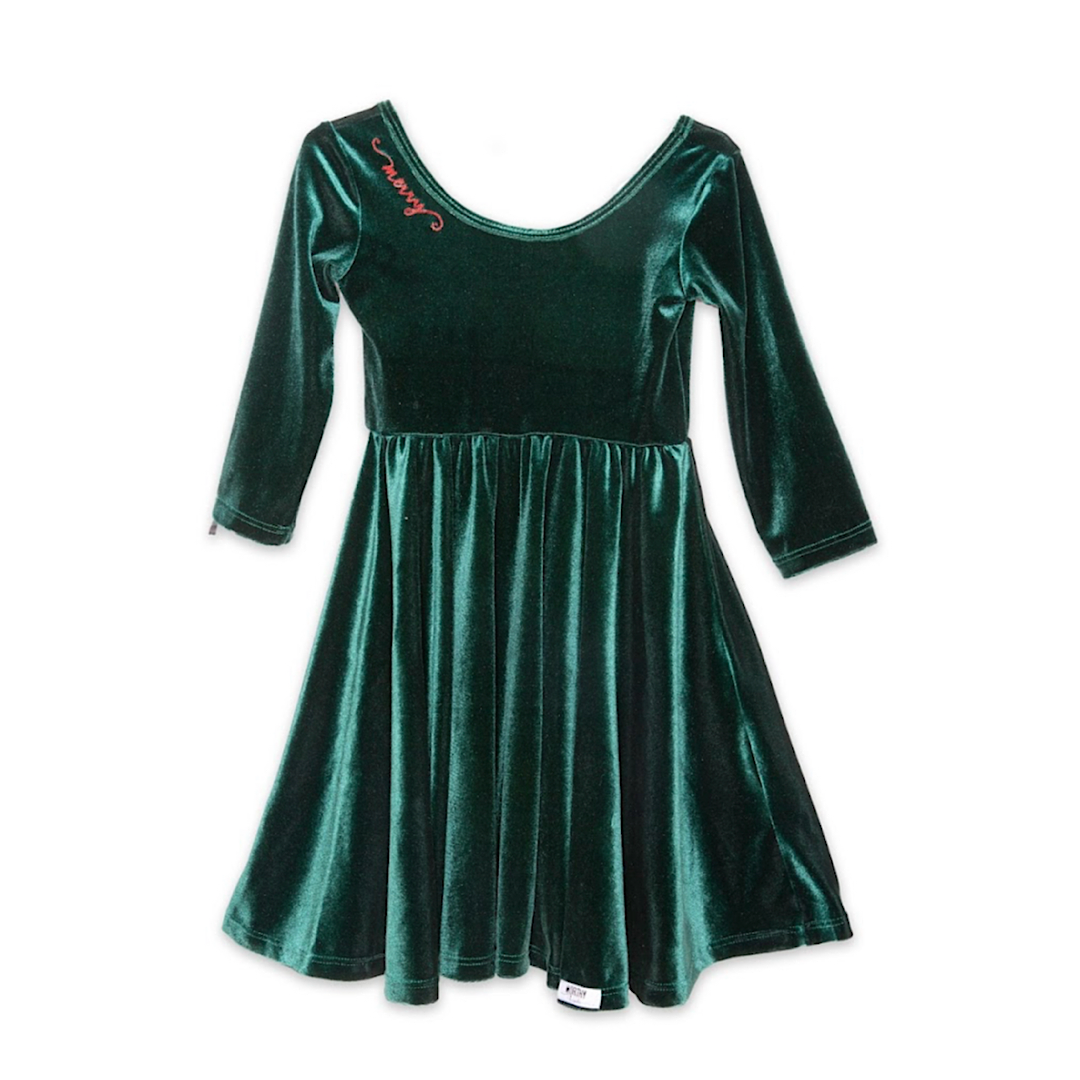 Holiday Twirly Dress In Emerald Velvet