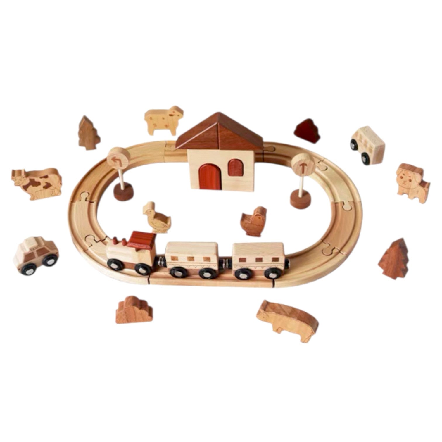 Wooden Farm Train Track Play Set – 32-piece Natural Solid Wood Toy