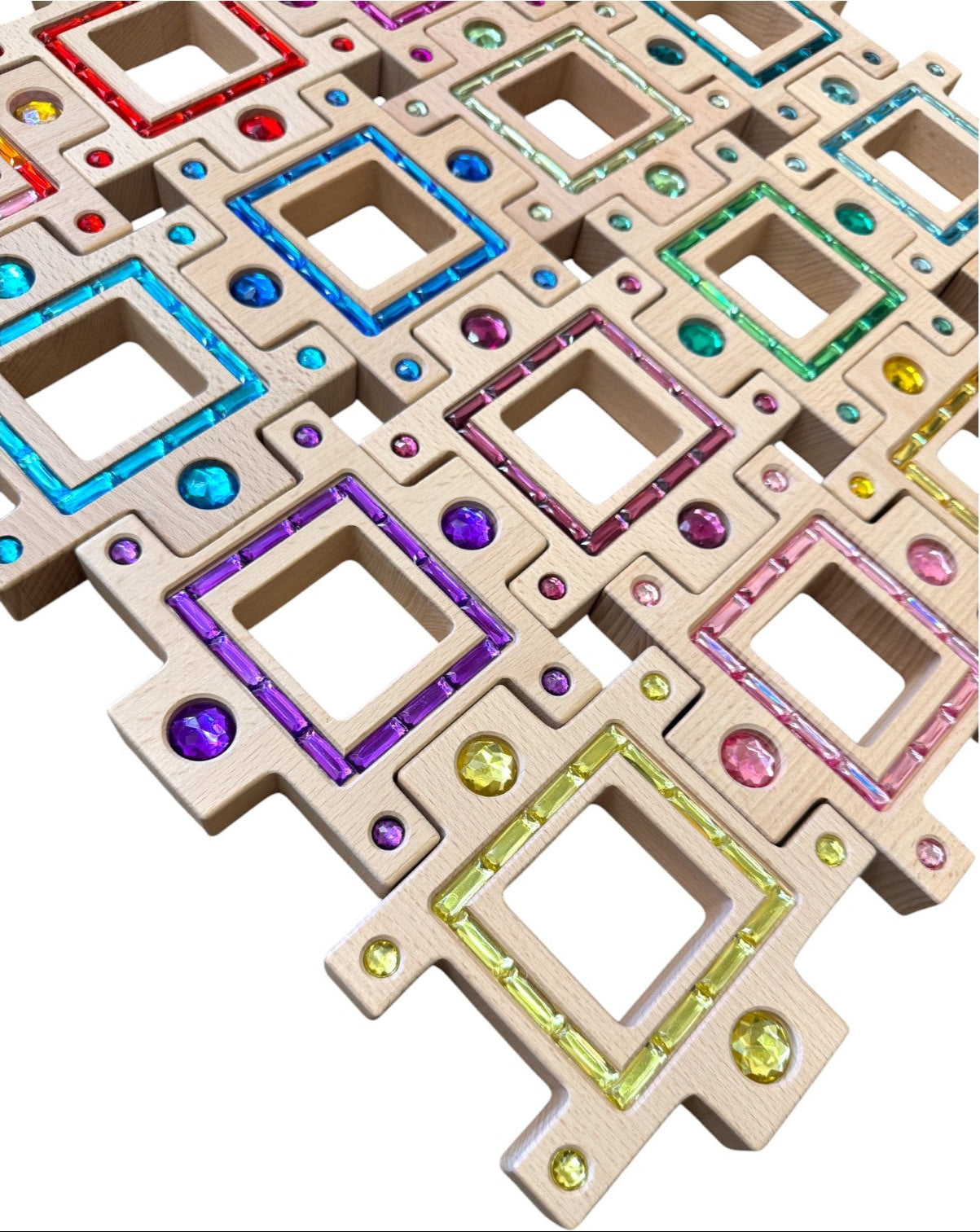 wooden Gemlight Window Blocks – 16-piece Colorful Open-ended Play Set With Storage Box