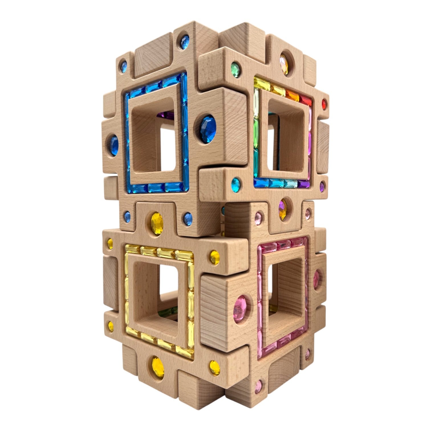 wooden Gemlight Window Blocks – 16-piece Colorful Open-ended Play Set With Storage Box