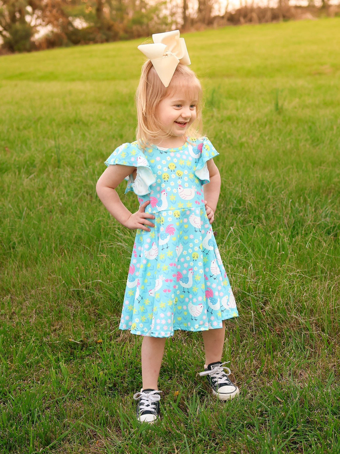 Aqua Spring Chicken Floral Farm Print Girls Dress