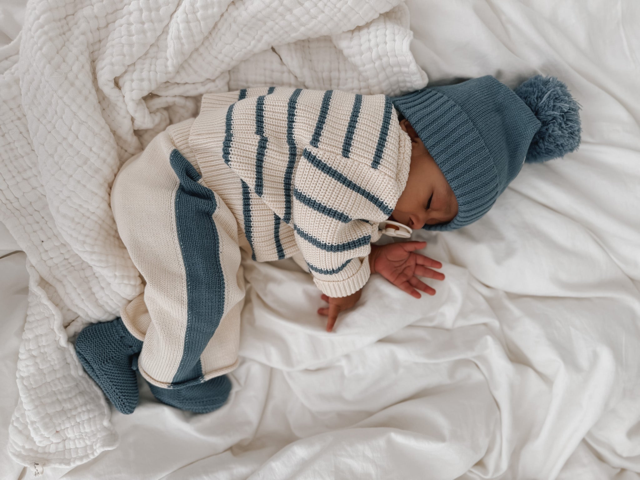 Knit Striped Pants - Cream & Denim Blue