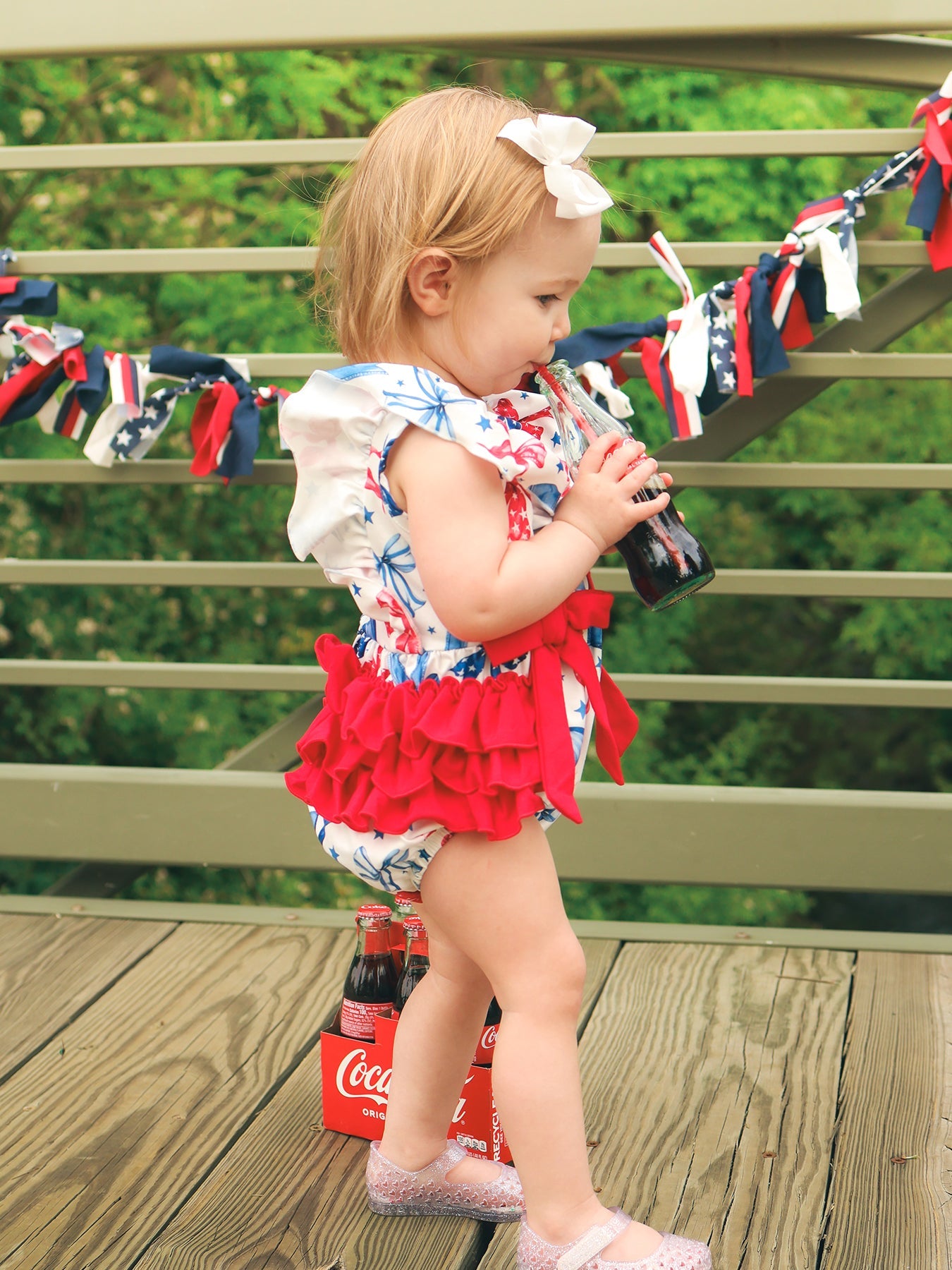 4th Of July Bow Print Girls Romper