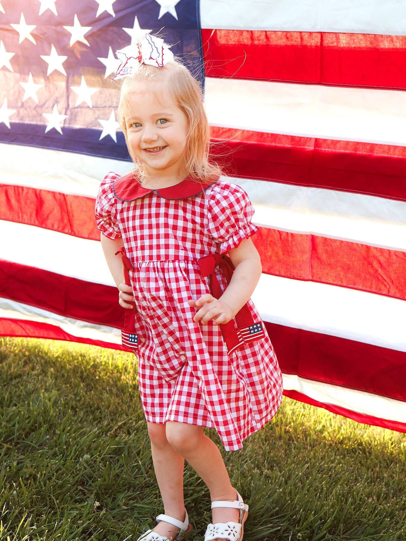 4th Of July Flag Plaid Girl Peter Pan Collar Dress Bow
