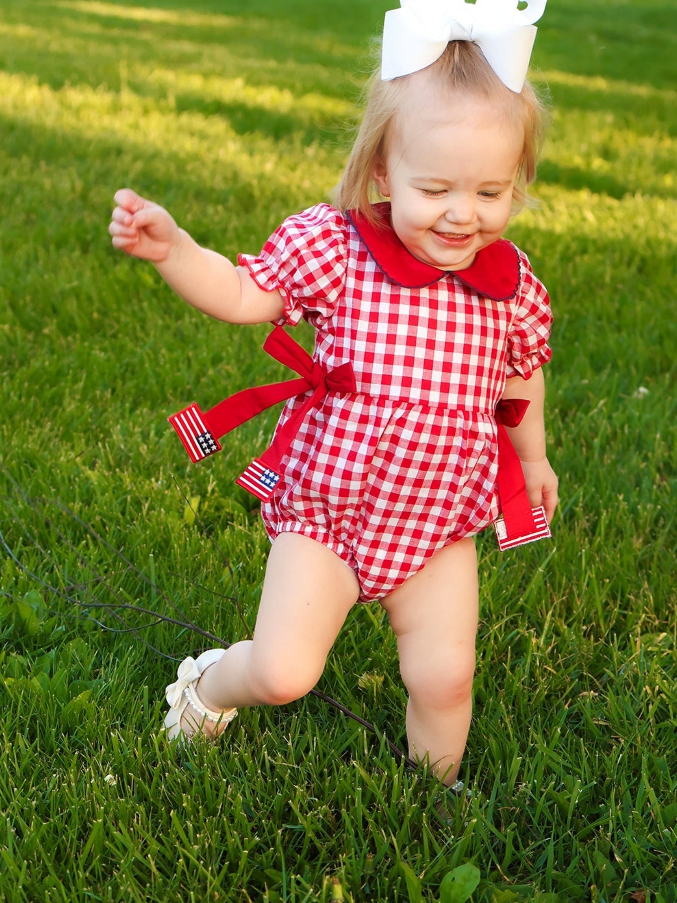 4th Of July Flag Plaid Girl Peter Pan Collar Romper Bow