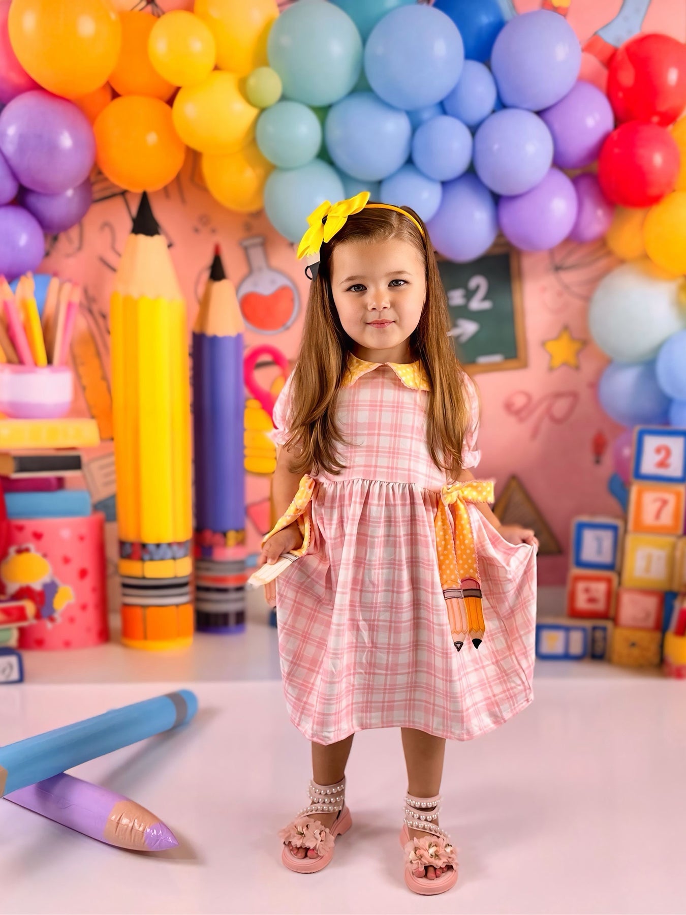 Girls Back To School Pencil Twirl Dress Bow Applique Smocked