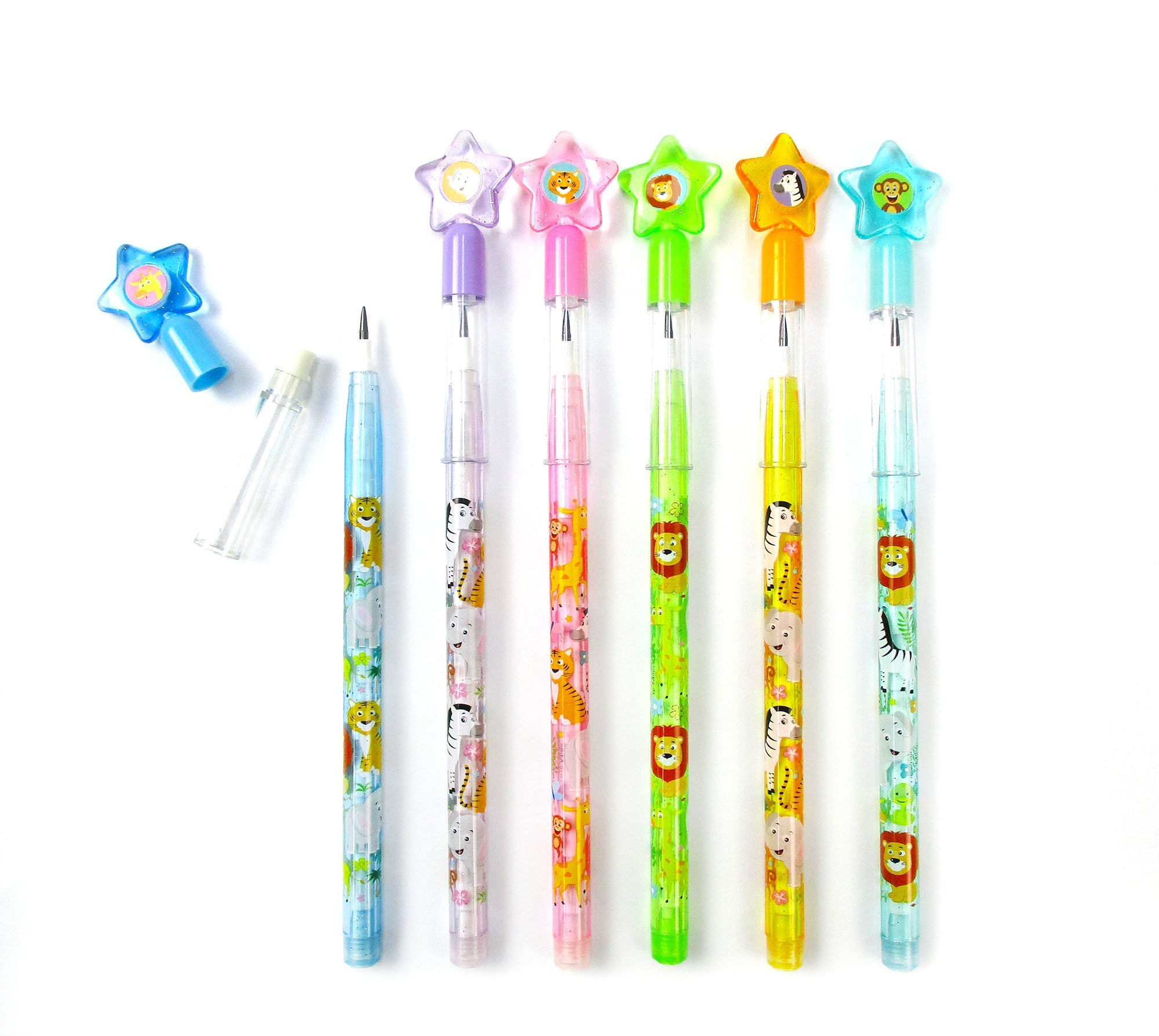 Wildlife Safari Animals Stackable Multi Point Pencils - Set Of 6