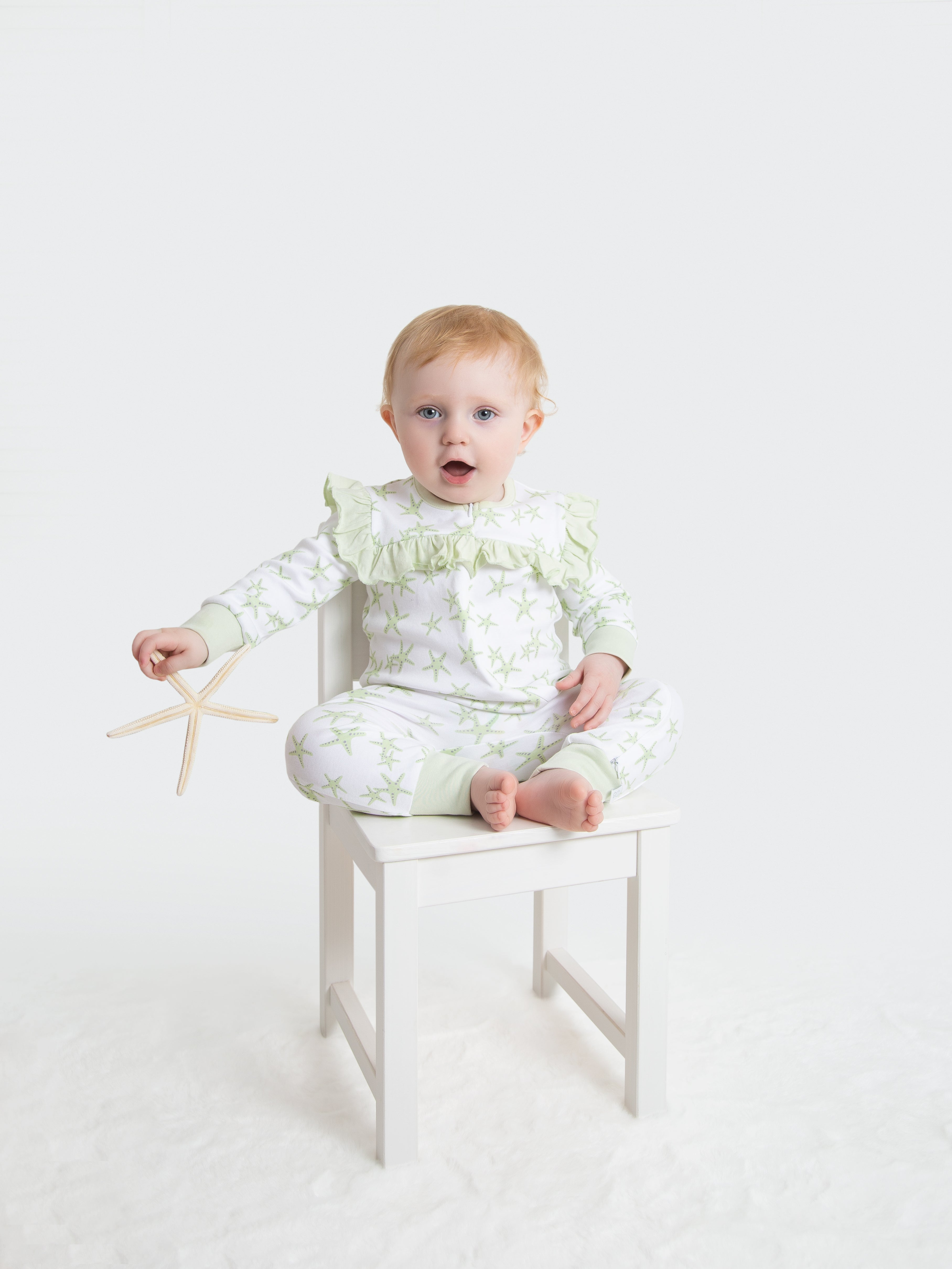 Organic Cotton Ruffled Romper - Green Starfish