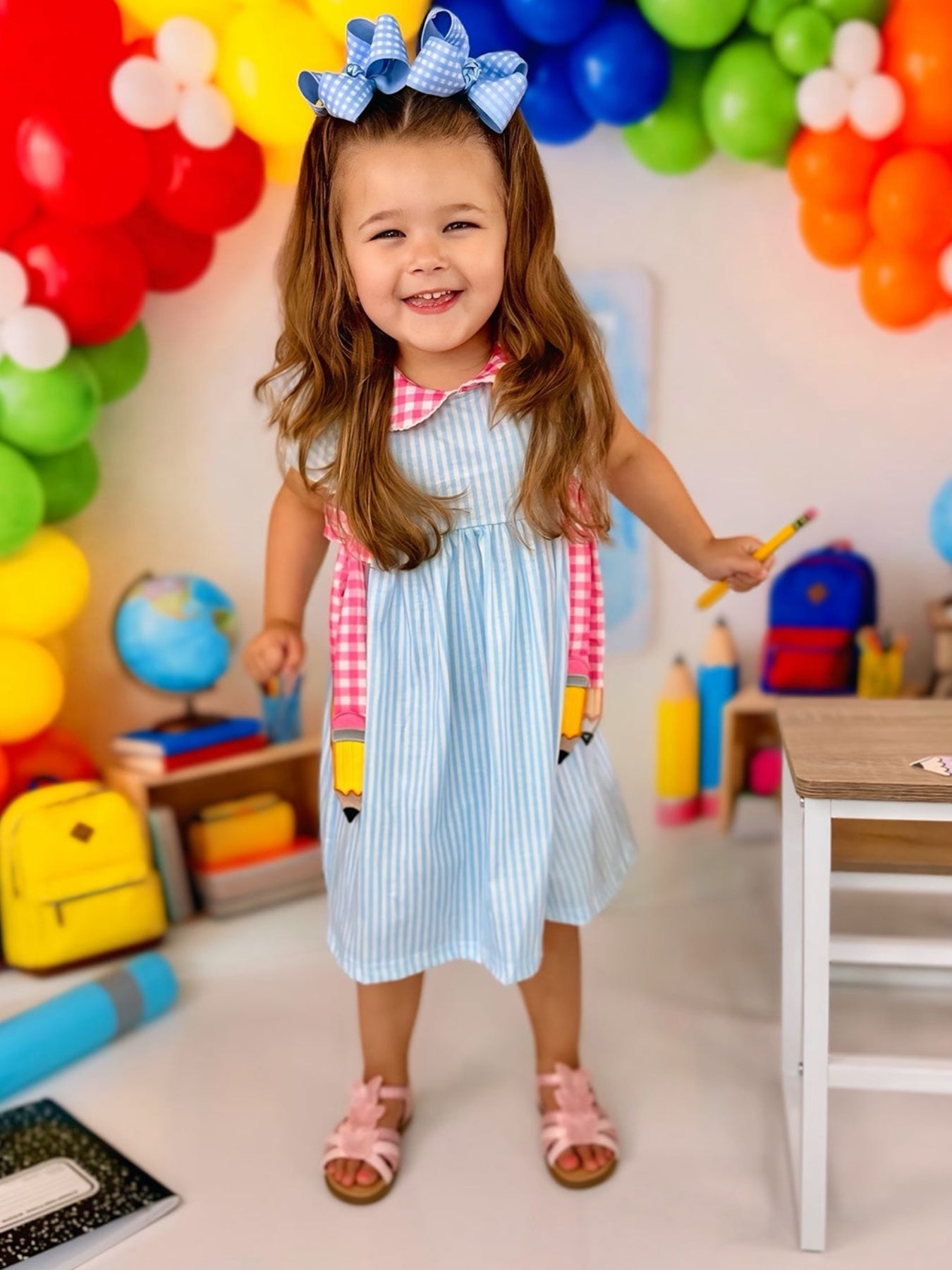 Back To School Girls Striped Lapels Bow Dress