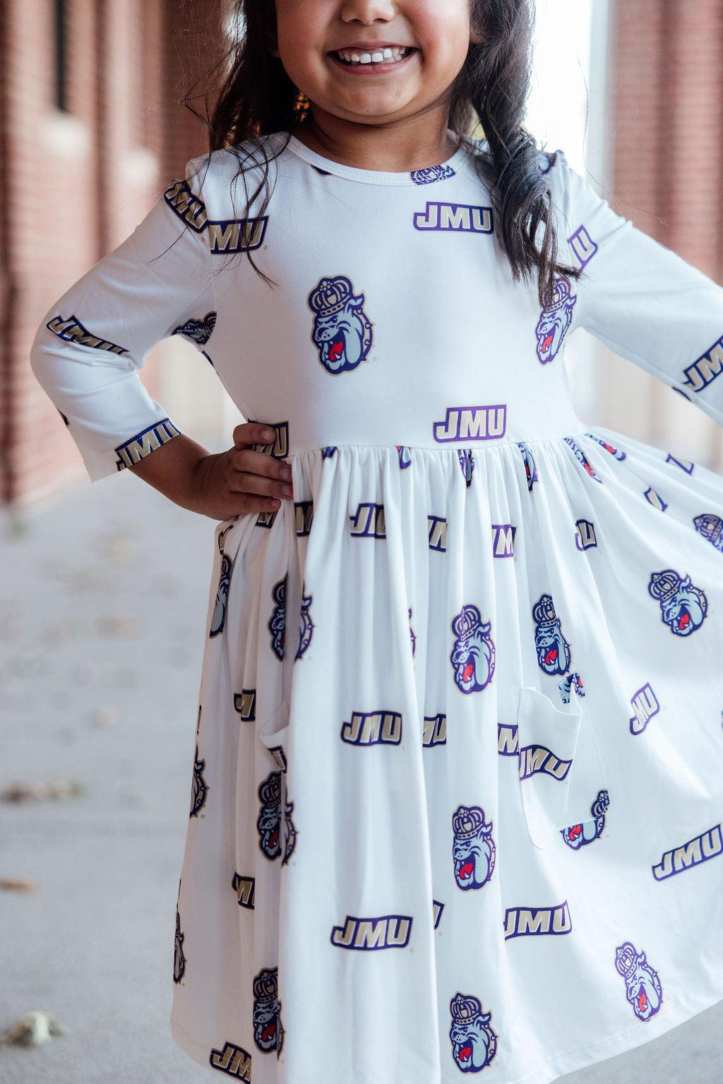 Jmu White Duke Dog 3/4 Sleeve Pocket Twirl Dress