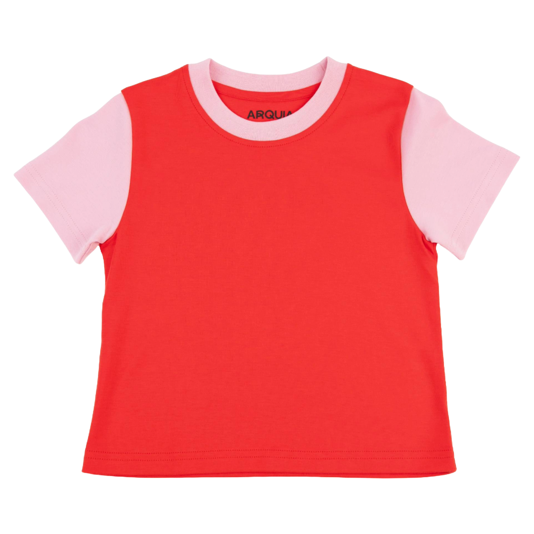 Kids Contrast Tee In Engine Red With Pink