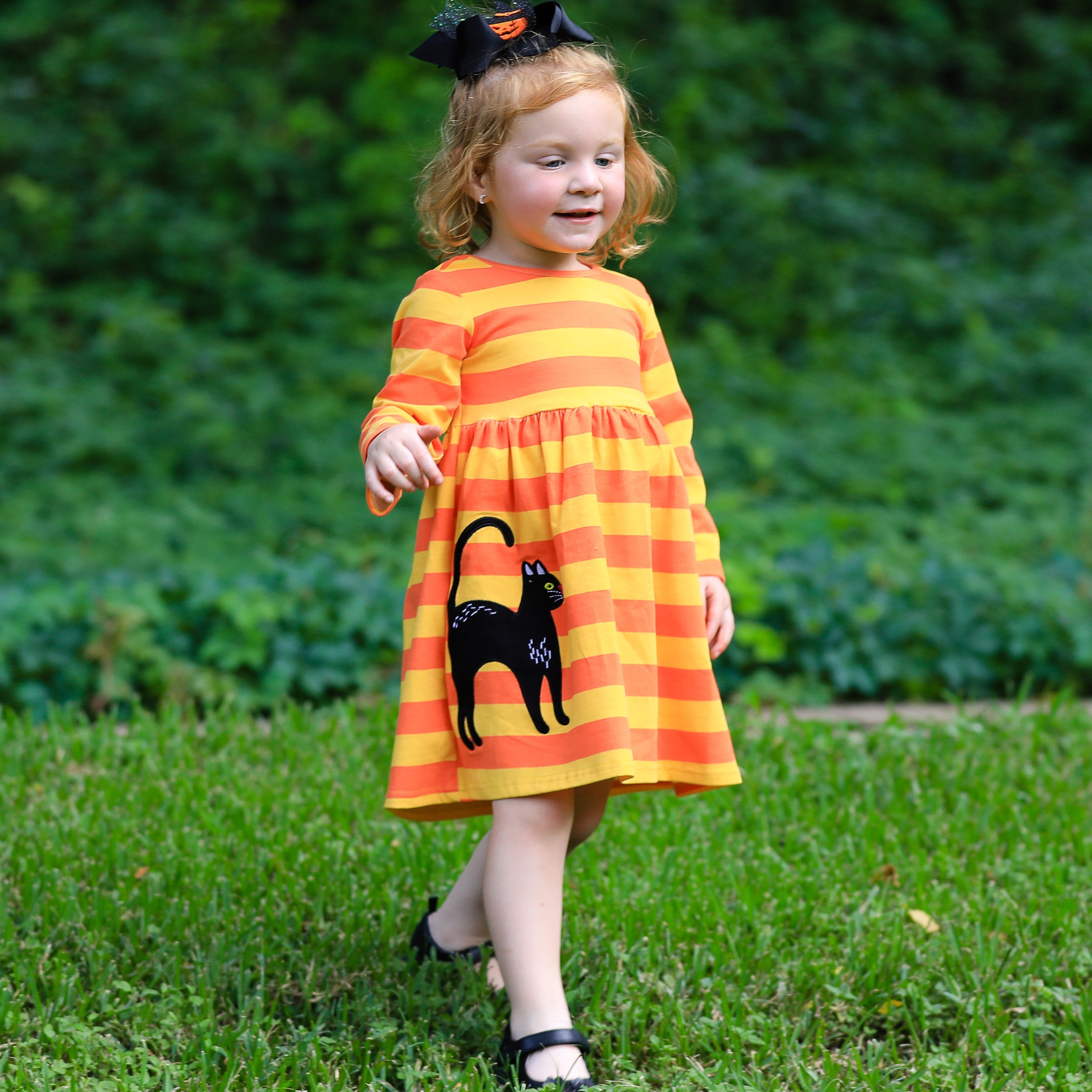 Annloren Girls Boutique Black Cat Orange Striped Halloween Dress