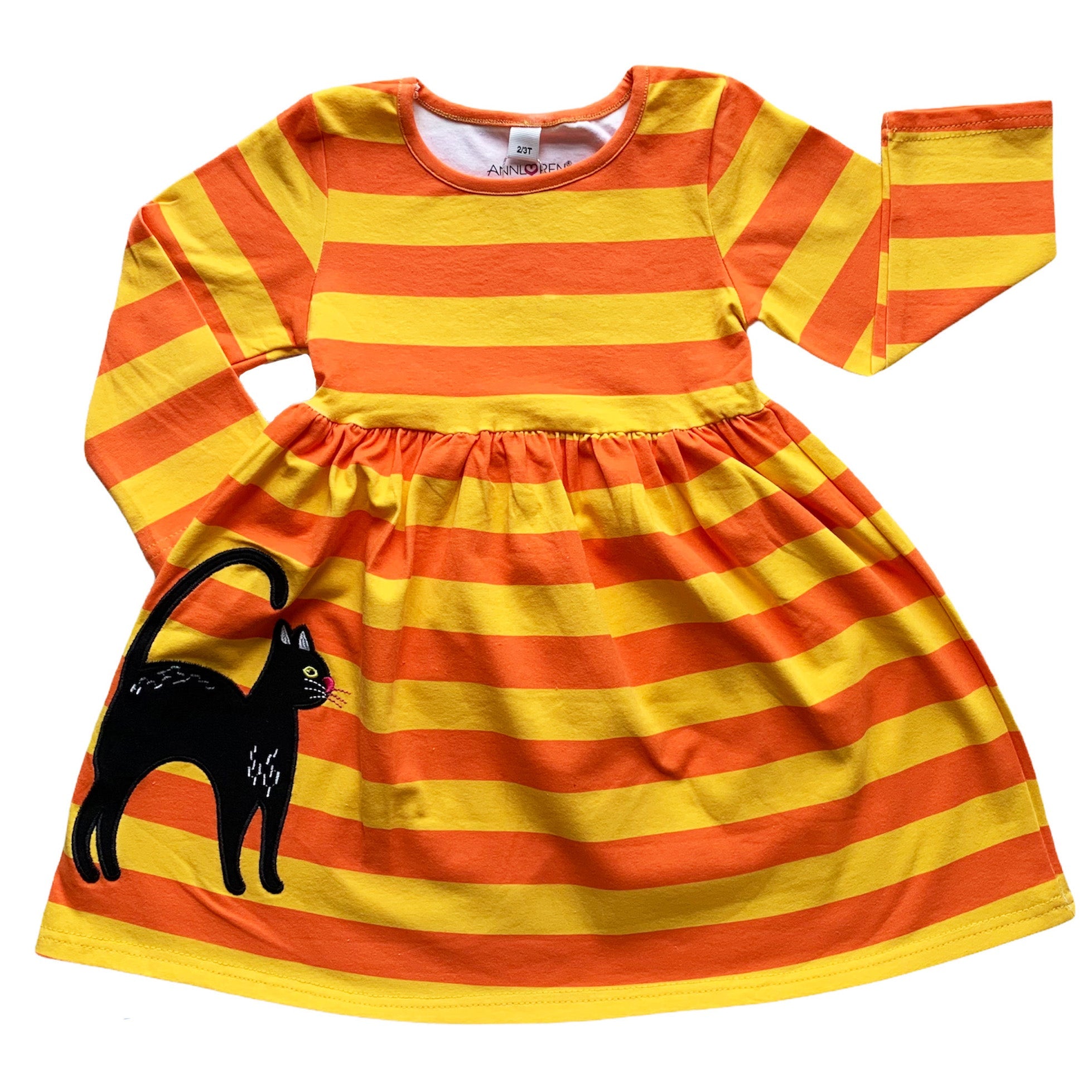 Annloren Girls Boutique Black Cat Orange Striped Halloween Dress