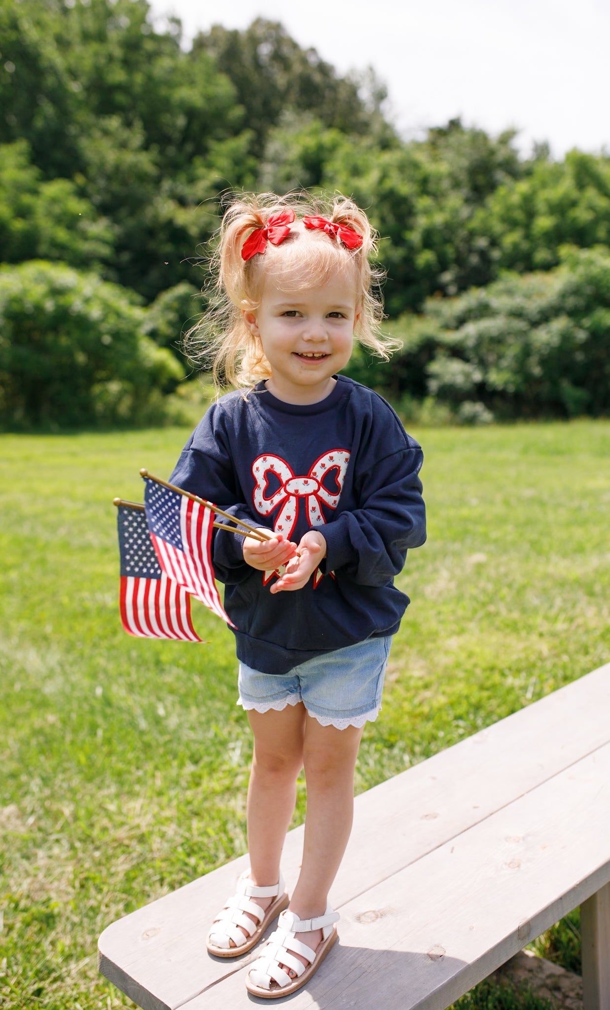 4th Of July Tulip Bow Applique Crewneck Sweatshirt