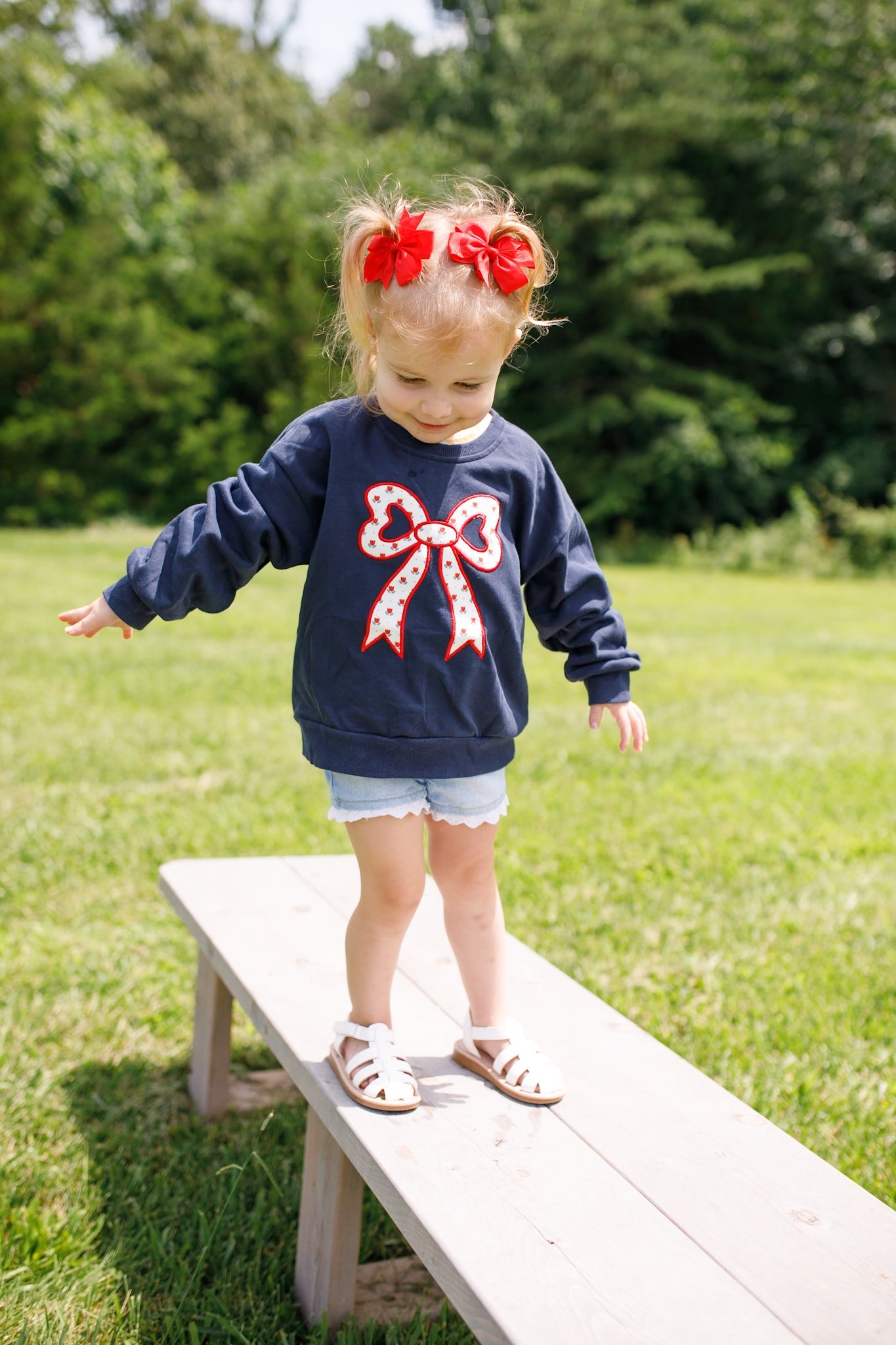 4th Of July Tulip Bow Applique Crewneck Sweatshirt