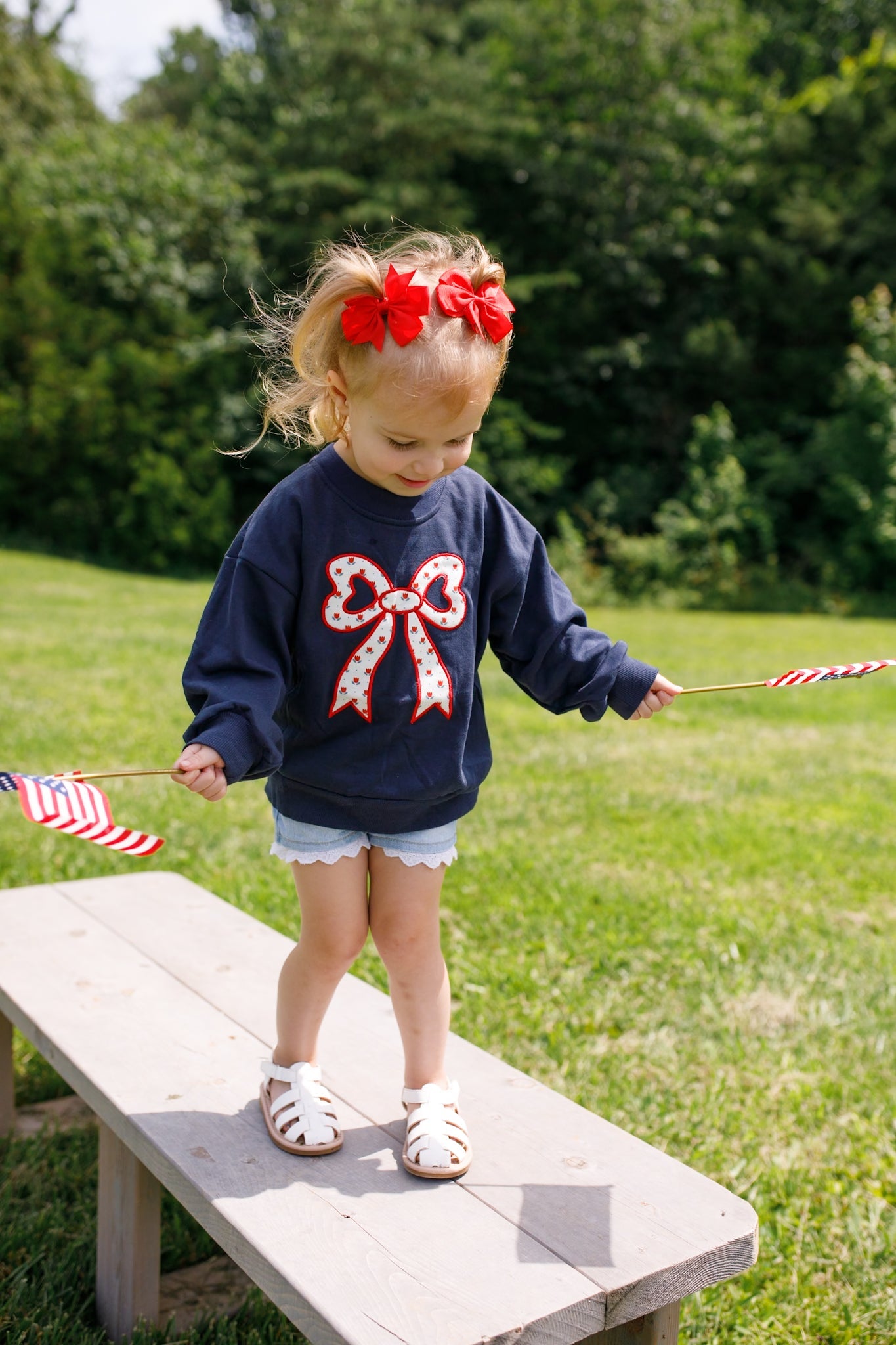 4th Of July Tulip Bow Applique Crewneck Sweatshirt