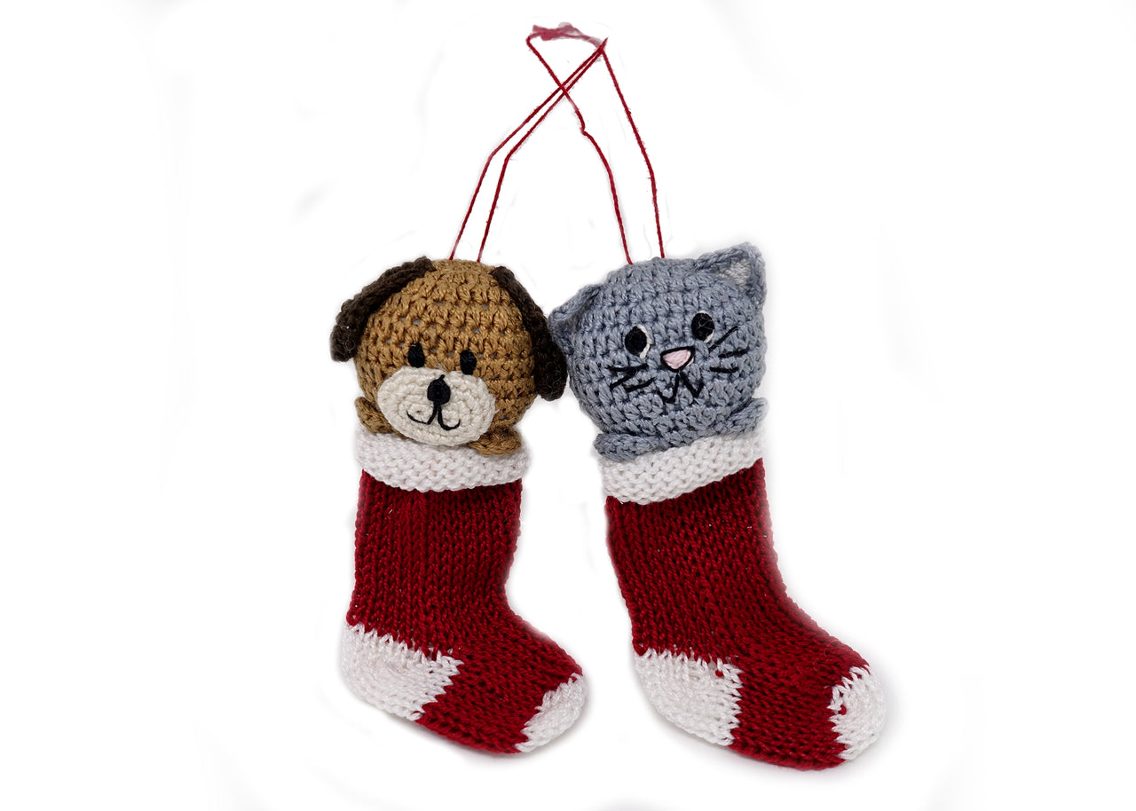 Crochet Puppy And Kitten Ornaments- Set Of 2