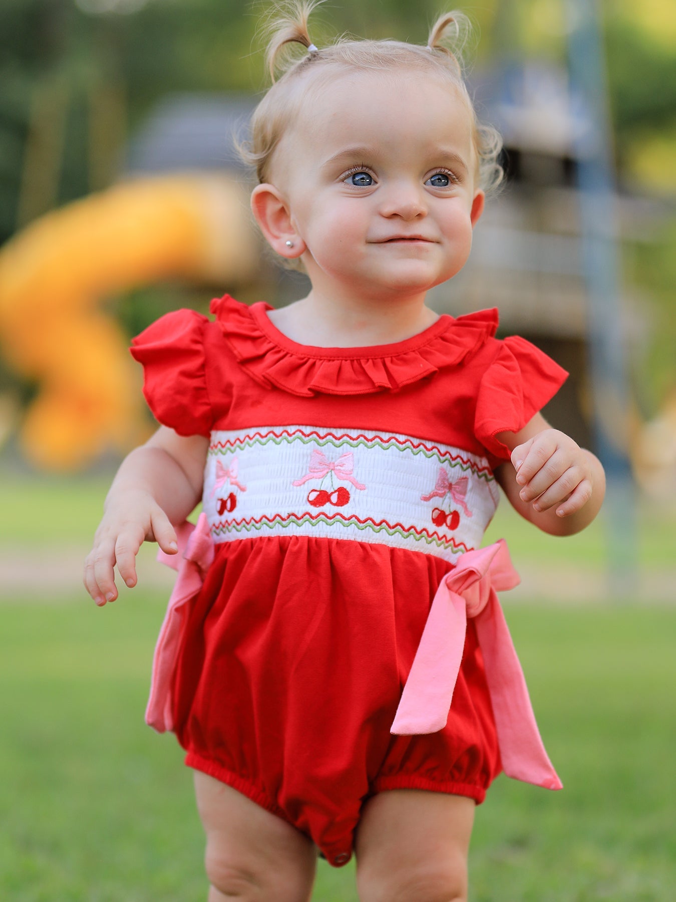 Red Cherry Bow Smocking Embroidery Girls' Romper