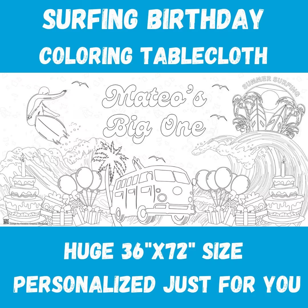 Surfing Birthday Coloring Tablecloth