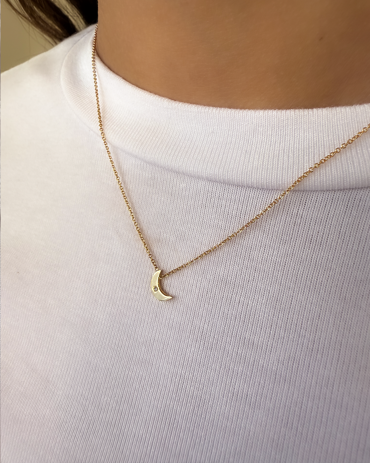 Kids 14k Gold Moon With Tiny Diamond Necklace