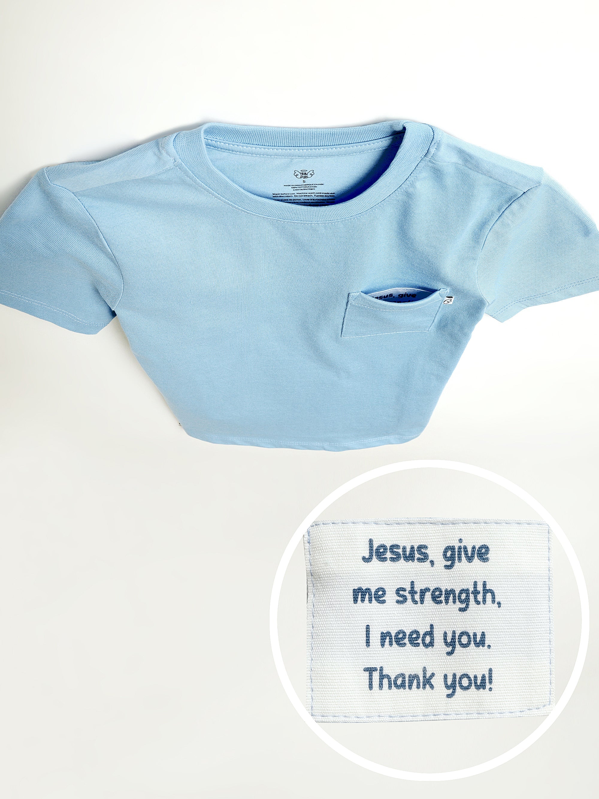 Blue Prayer Pocket Short Sleeve T-shirt Cotton