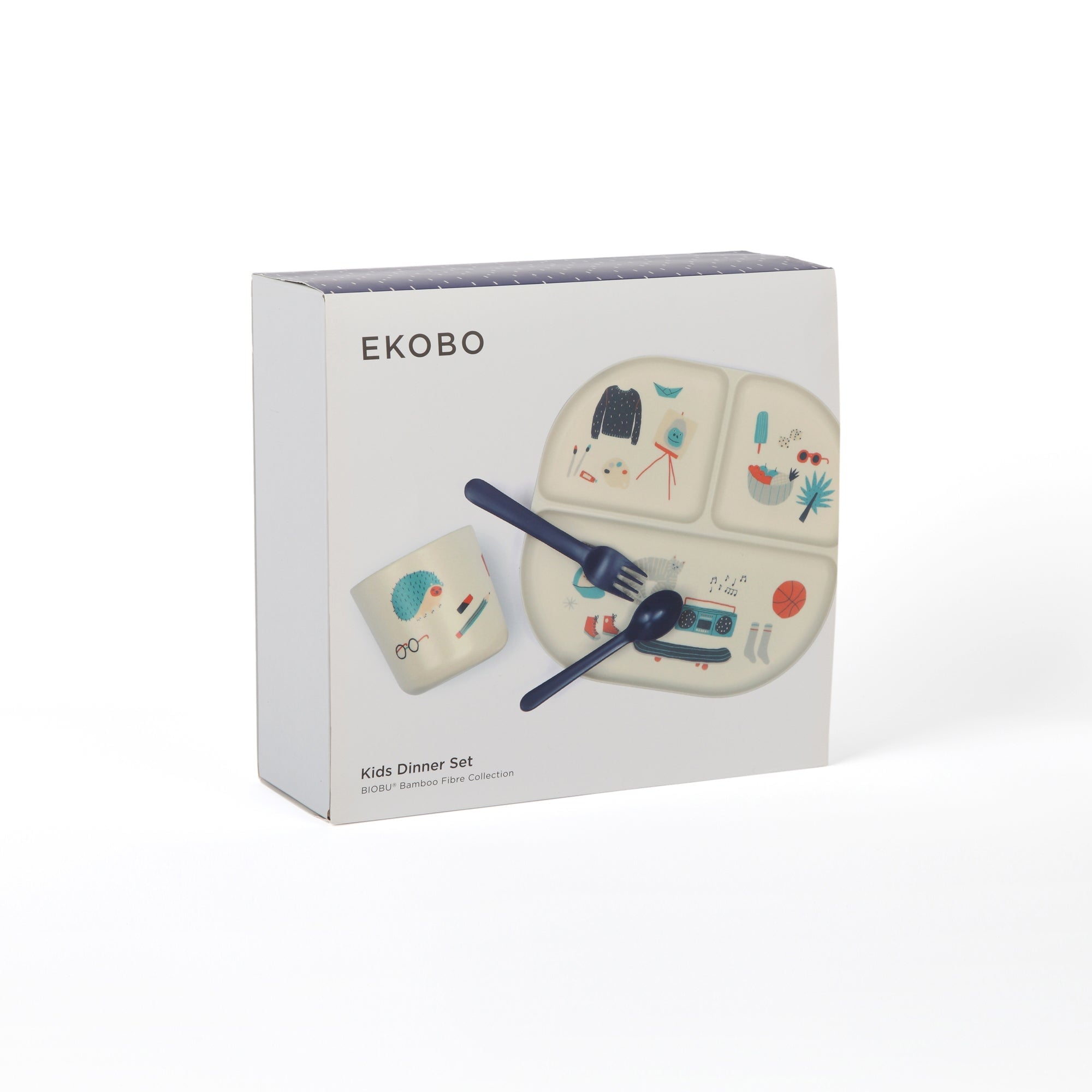 Illustrated Bamboo Kid Dinner Set - Royal Blue