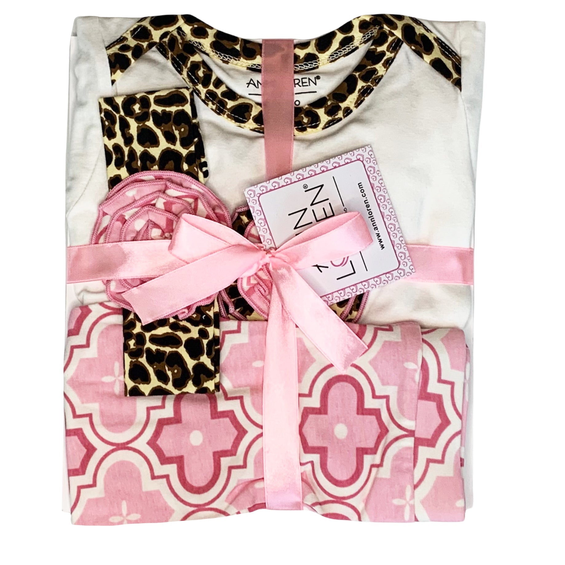 Annloren Baby Girls Layette Pink Leopard Onesie Pants Headband 3pc Gift Set Clothing