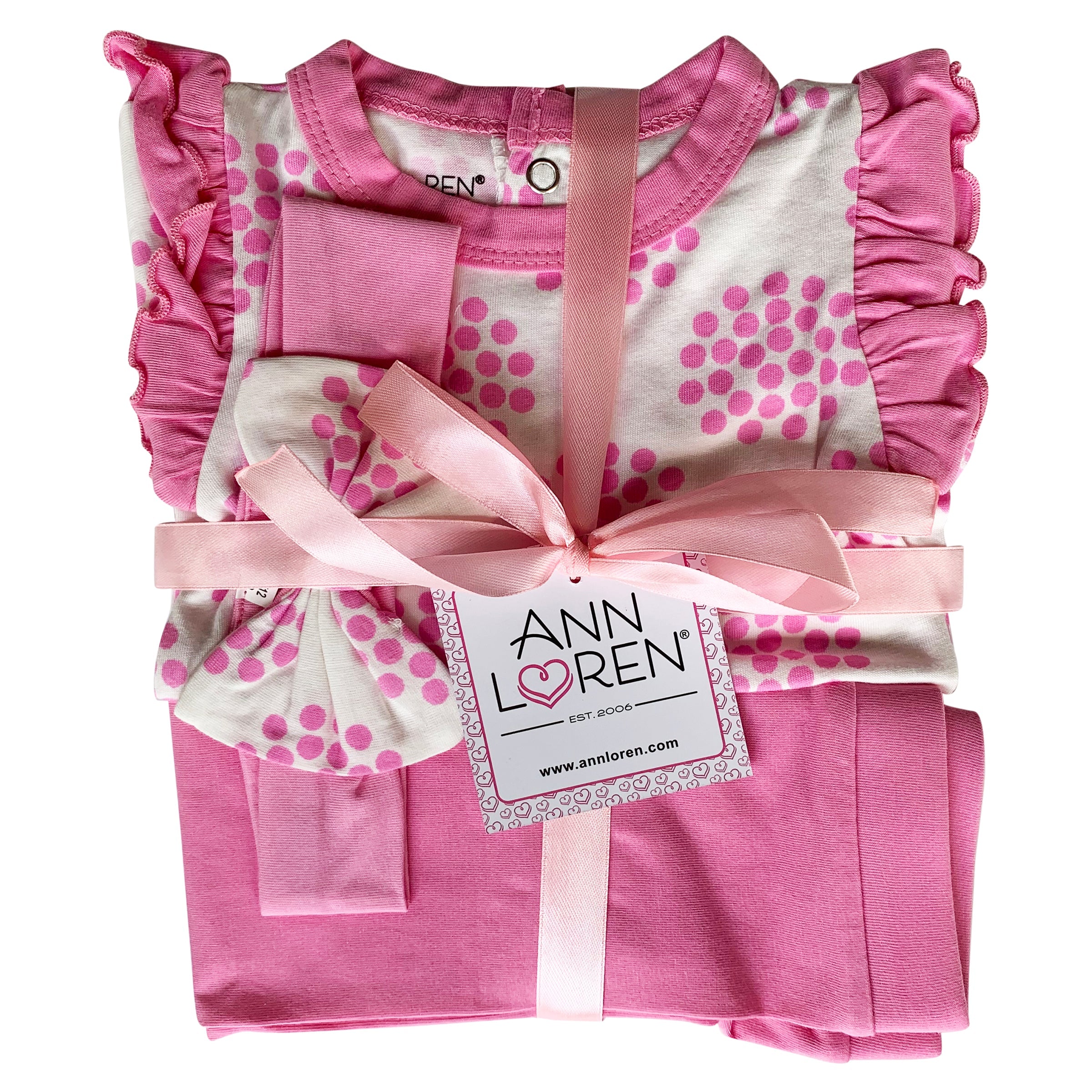 Annloren Baby Girls Layette Pink Polka Dot Onesie Pants Headband 3pc Gift Set Clothing