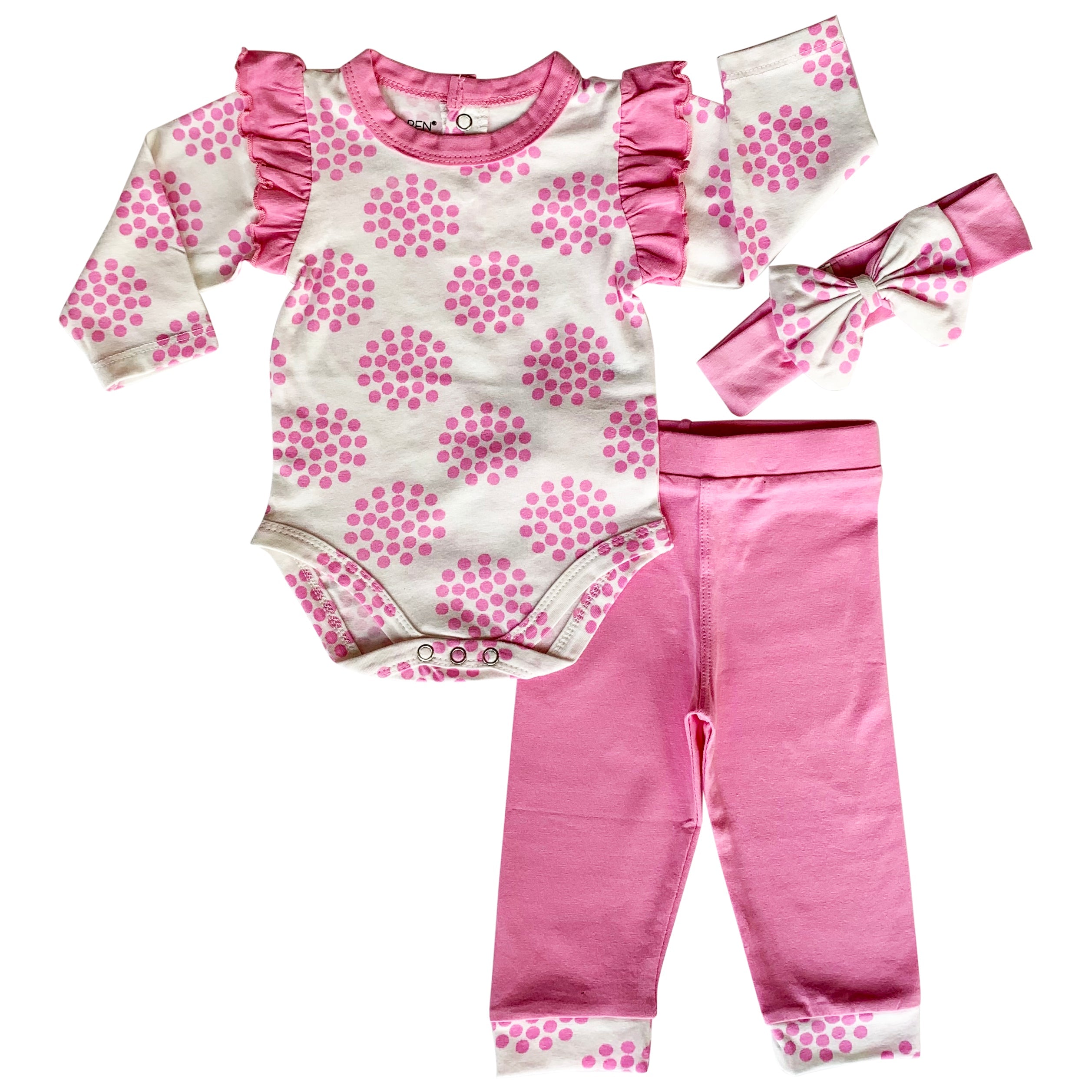Annloren Baby Girls Layette Pink Polka Dot Onesie Pants Headband 3pc Gift Set Clothing