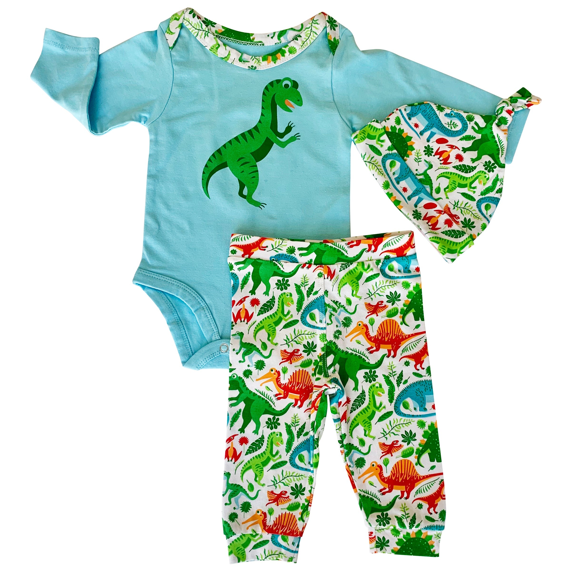 Annloren Baby Layette Boys Dinosaur Long Sleeve Onesie Pants Cap 3pc Gift Set