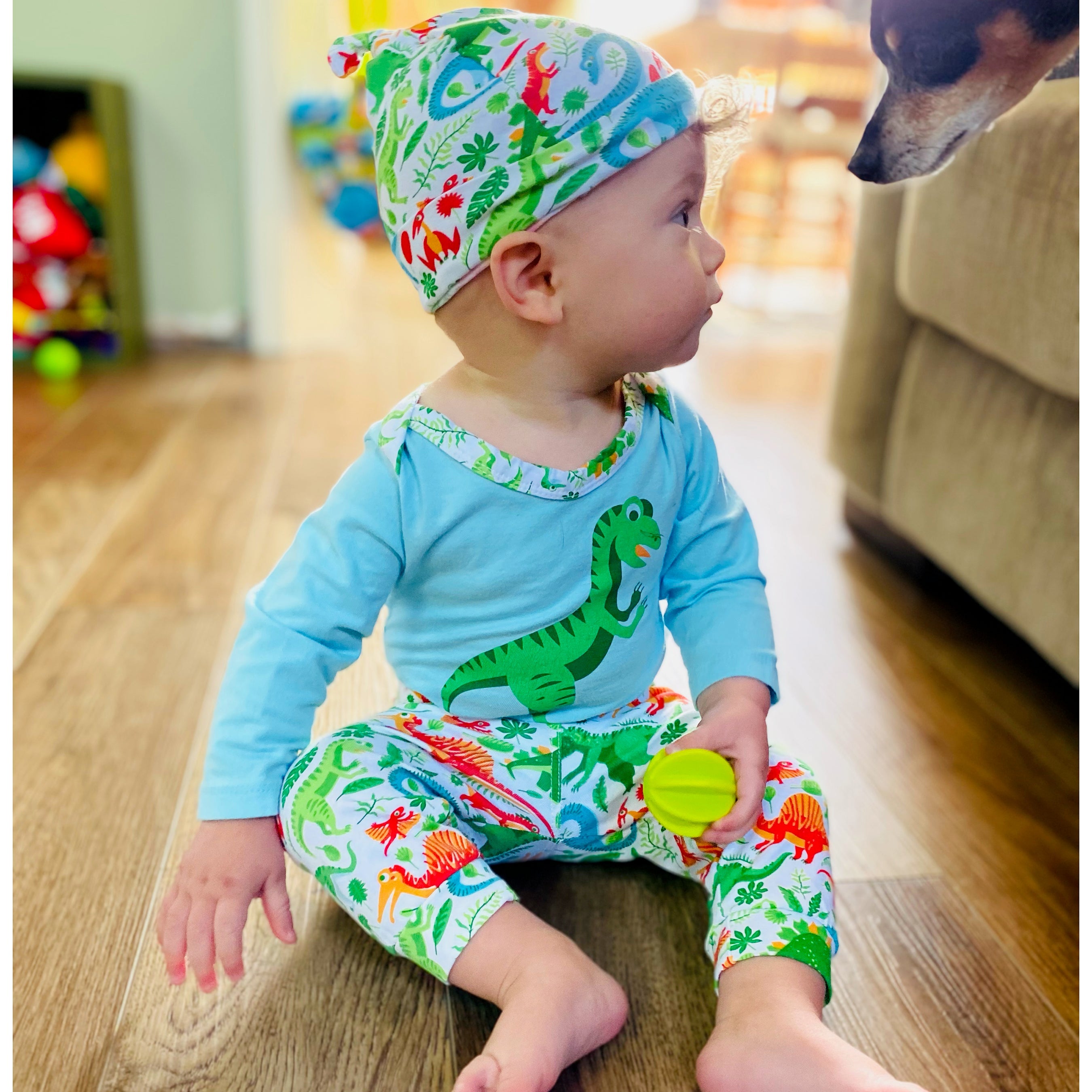 Annloren Baby Layette Boys Dinosaur Long Sleeve Onesie Pants Cap 3pc Gift Set