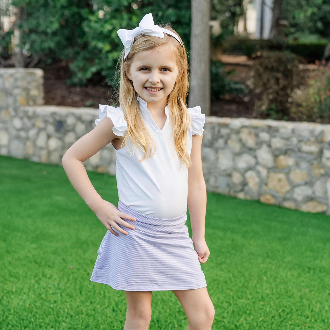Margot Girls' Tiered Performance Skirt - Purple And White Stripes