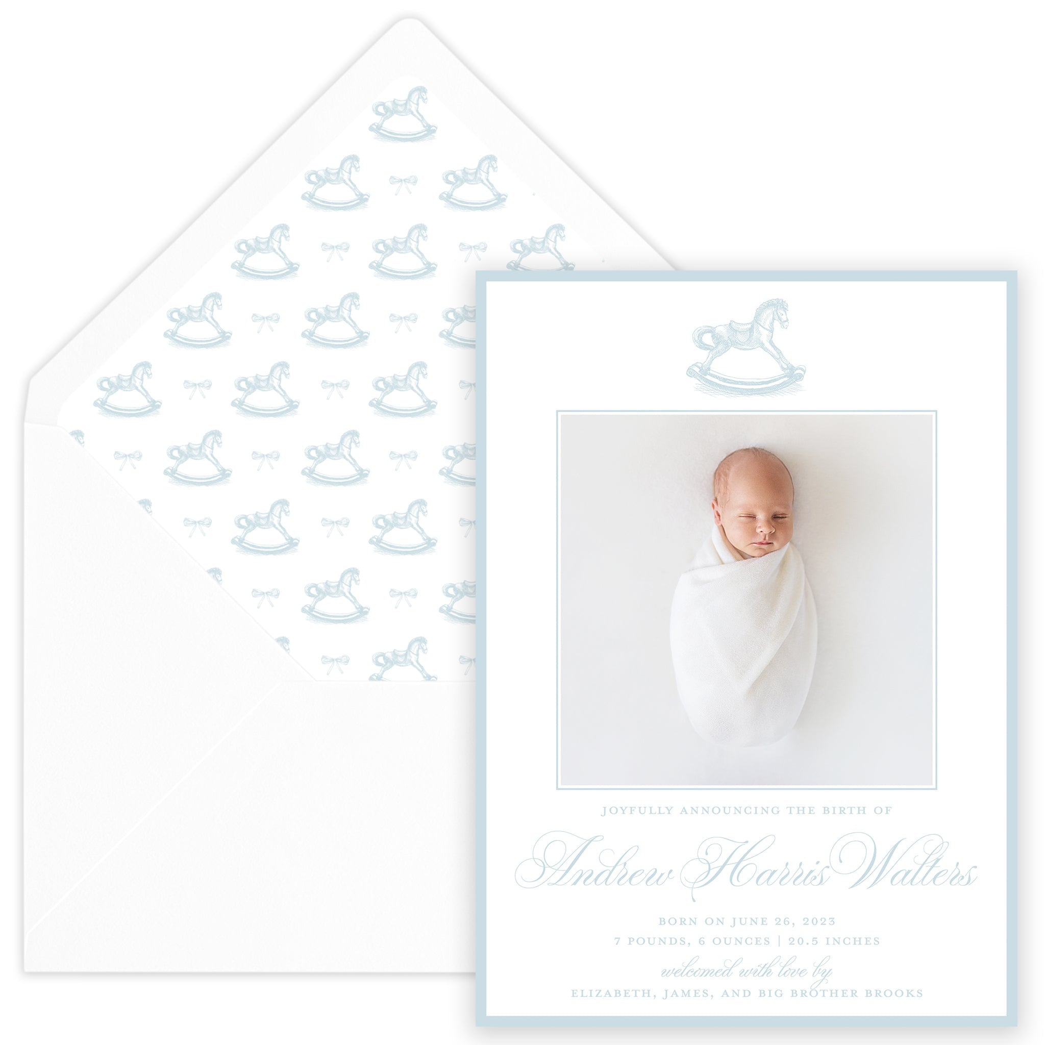 Blue Rocking Horse Birth Announcement