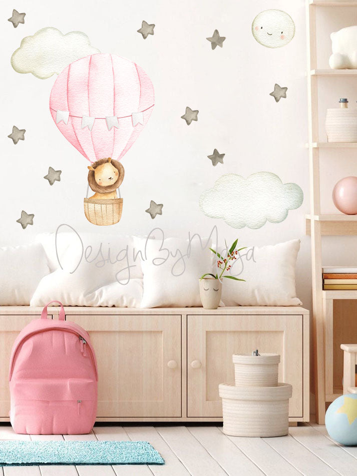 Baby Animal Inside Hot Air Balloon - Fabric Nursery Wall Art Decals